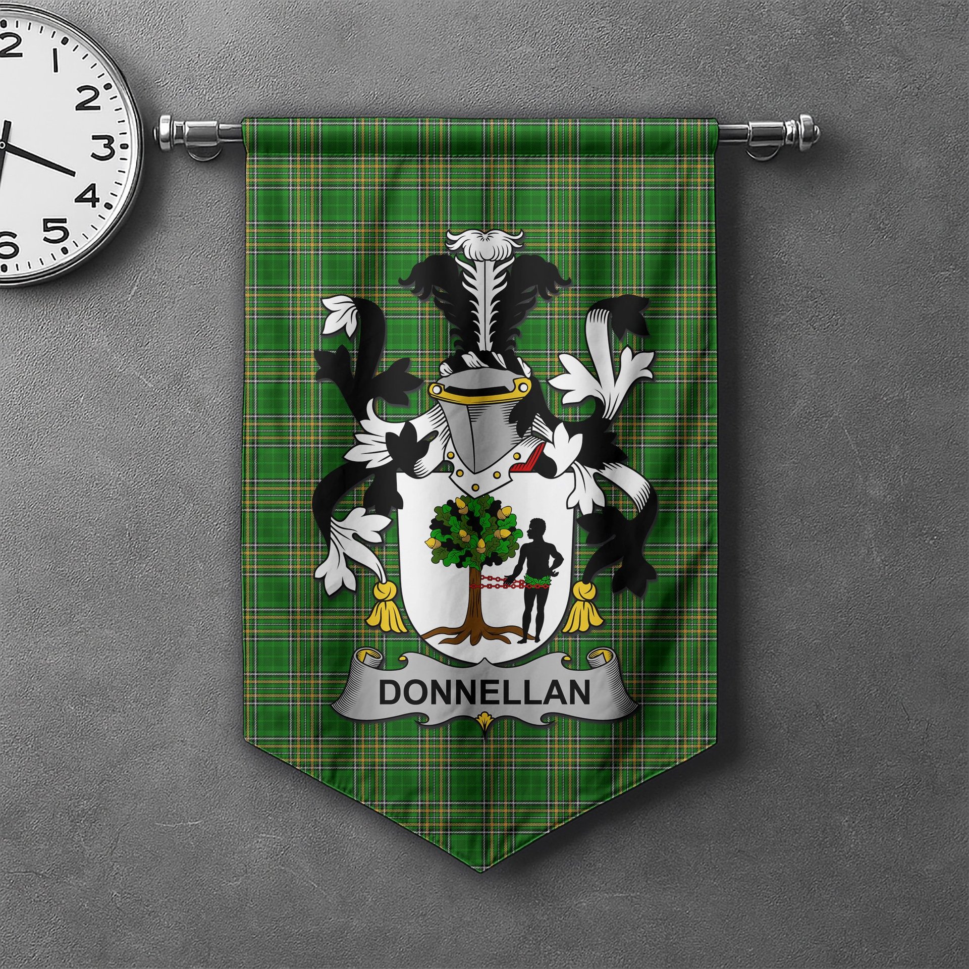 ScotsTee Shop Irish Donnellan or O'Donnellan Clan Coat of Arms Irish Tartan Gonfalon Flag