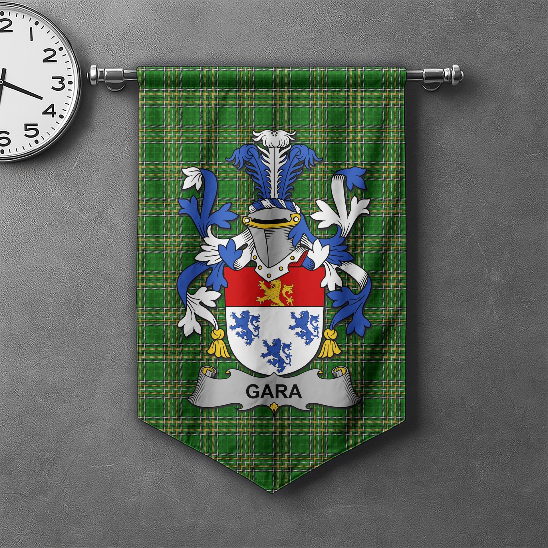 ScotsTee Shop Irish Gara or O'Gara Clan Coat of Arms Irish Tartan Gonfalon Flag