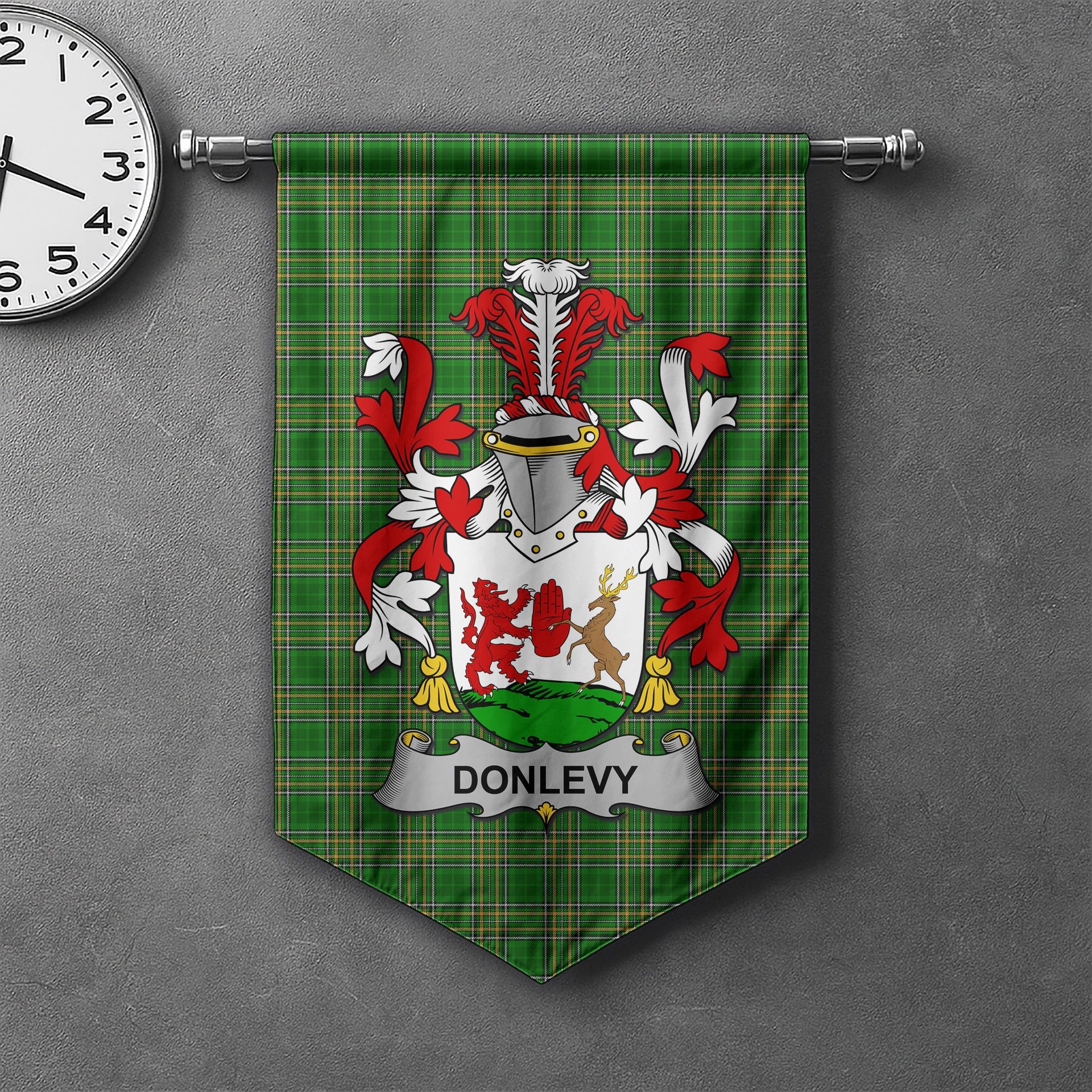 ScotsTee Shop Irish Donlevy or O'Donlevy Clan Coat of Arms Irish Tartan Gonfalon Flag