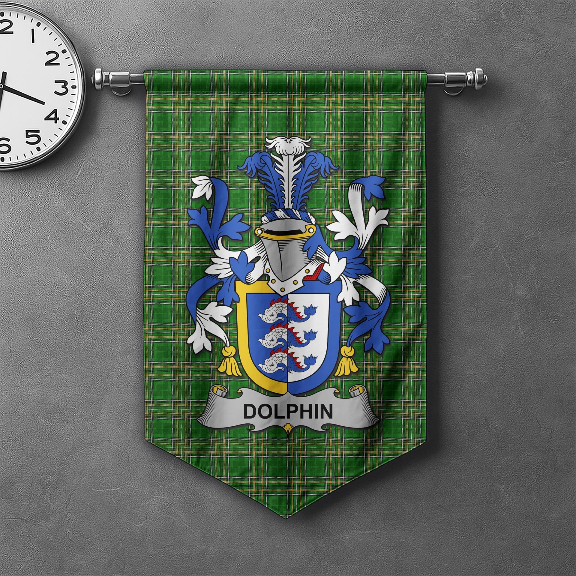 ScotsTee Shop Irish Dolphin or Dolphyn Clan Coat of Arms Irish Tartan Gonfalon Flag