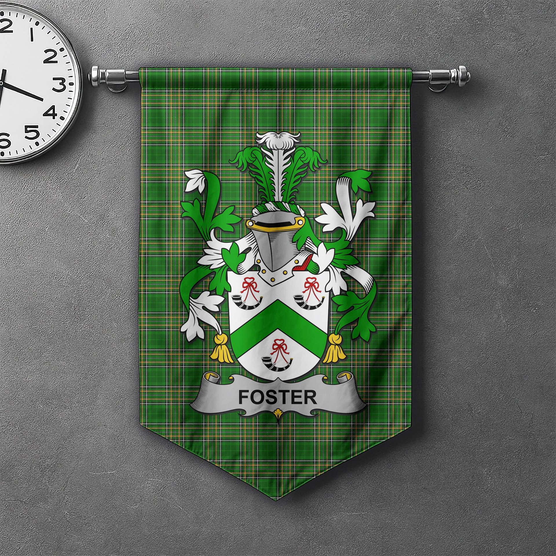 ScotsTee Shop Irish Foster Clan Coat of Arms Irish Tartan Gonfalon Flag