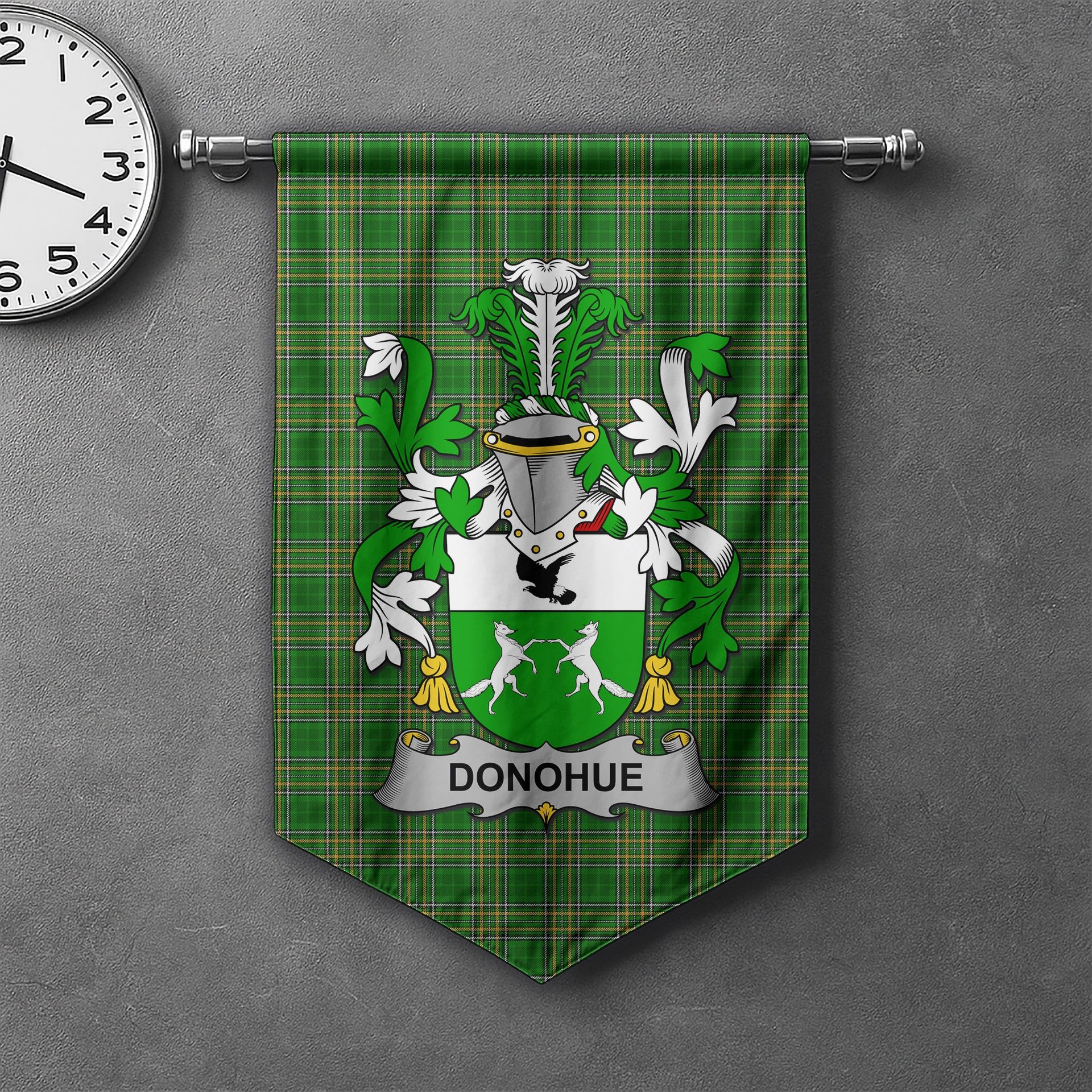 ScotsTee Shop Irish Donohue or O'Donohue Clan Coat of Arms Irish Tartan Gonfalon Flag