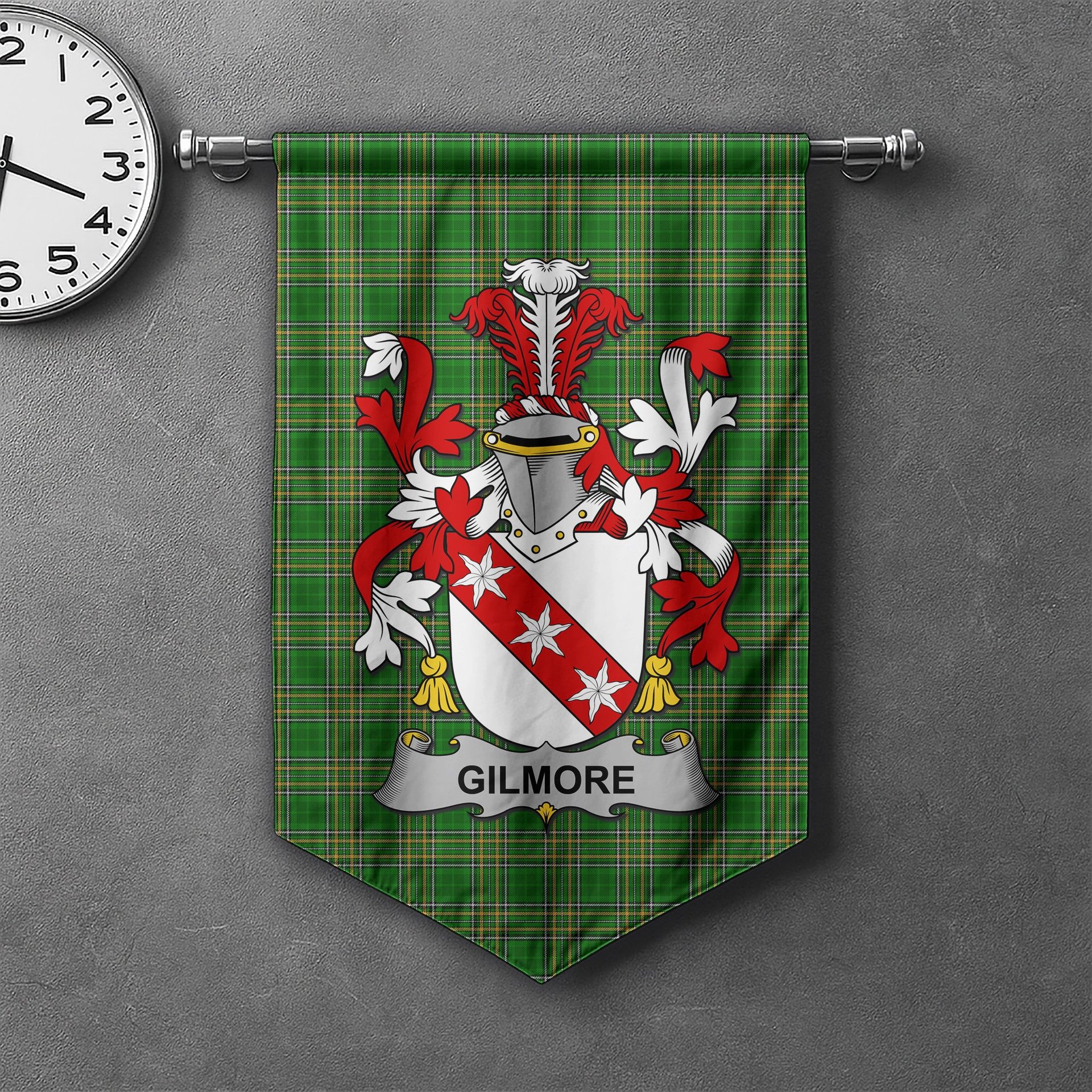 ScotsTee Shop Irish Gilmore Clan Coat of Arms Irish Tartan Gonfalon Flag