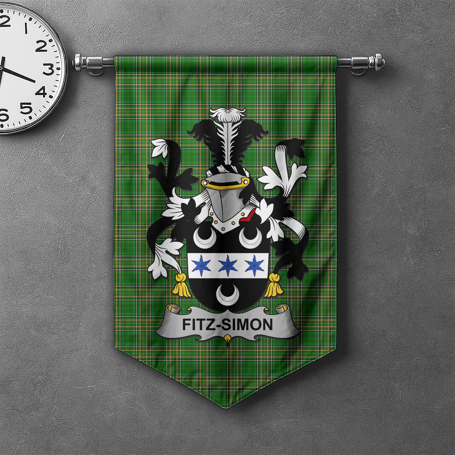 ScotsTee Shop Irish Fitz-Simon Clan Coat of Arms Irish Tartan Gonfalon Flag