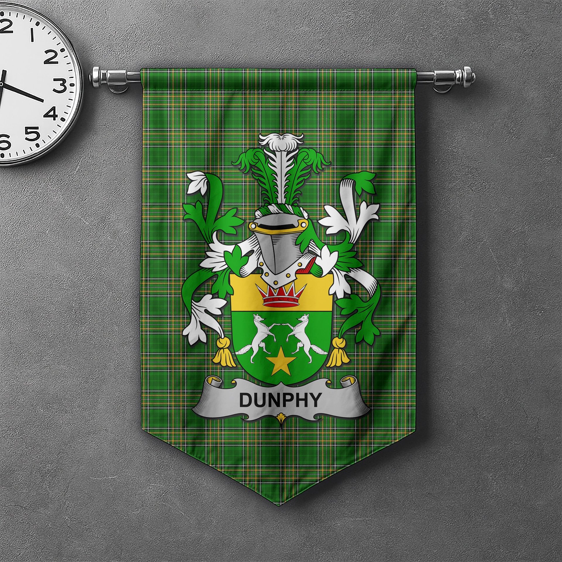 ScotsTee Shop Irish Dunphy (Middle Temple - Burke_s) Clan Coat of Arms Irish Tartan Gonfalon Flag