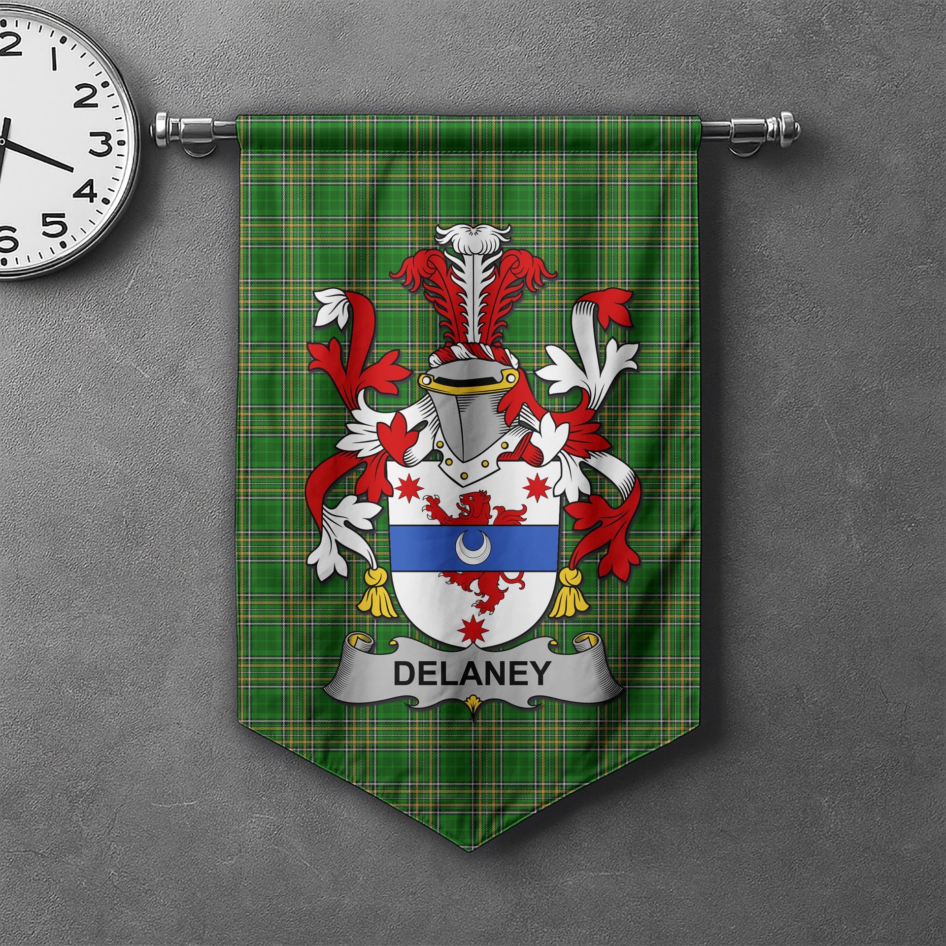 ScotsTee Shop Irish Delaney or O'Delany Clan Coat of Arms Irish Tartan Gonfalon Flag