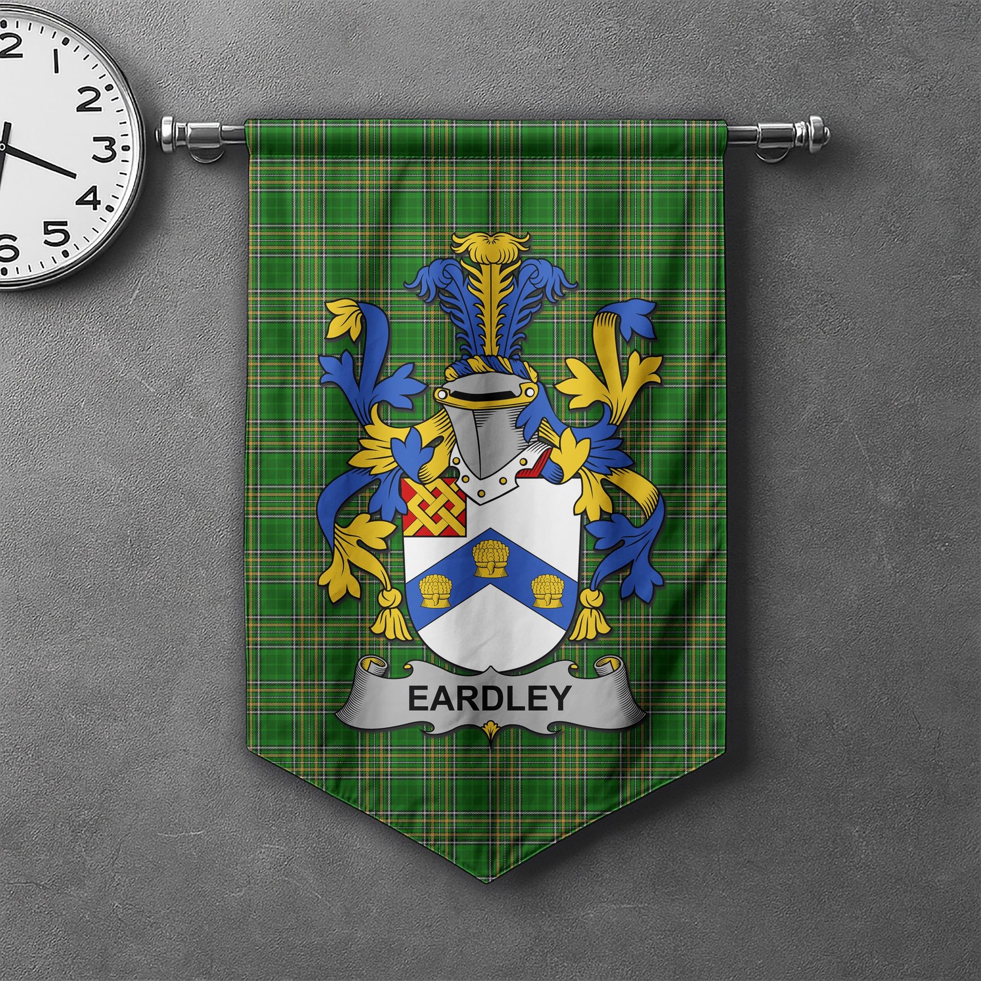 ScotsTee Shop Irish Eardley Clan Coat of Arms Irish Tartan Gonfalon Flag