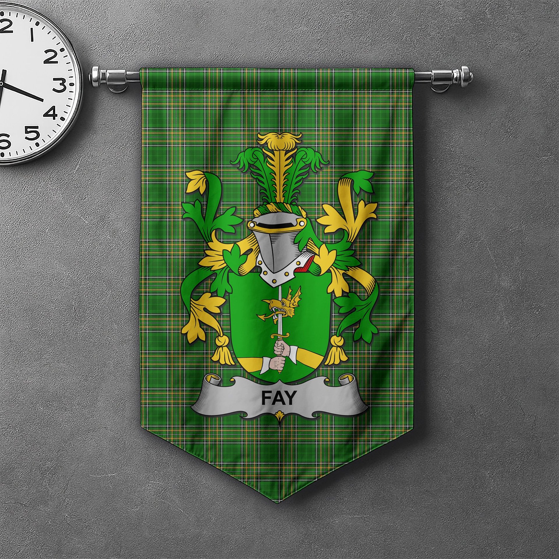 ScotsTee Shop Irish Fay or O'Fee Clan Coat of Arms Irish Tartan Gonfalon Flag
