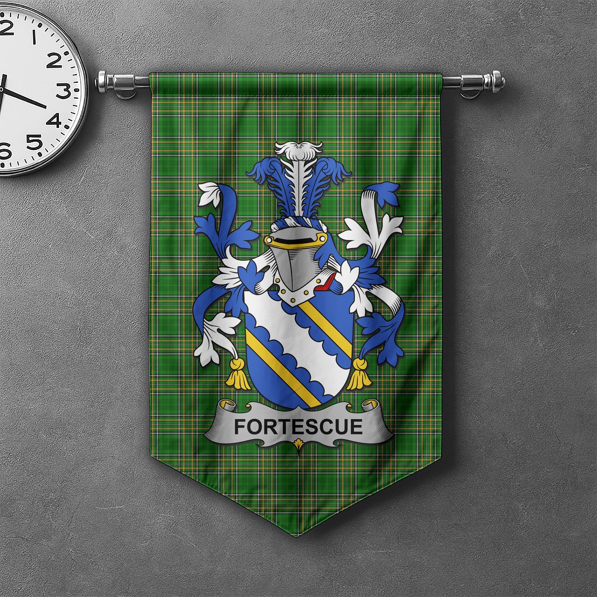 ScotsTee Shop Irish Fortescue Clan Coat of Arms Irish Tartan Gonfalon Flag