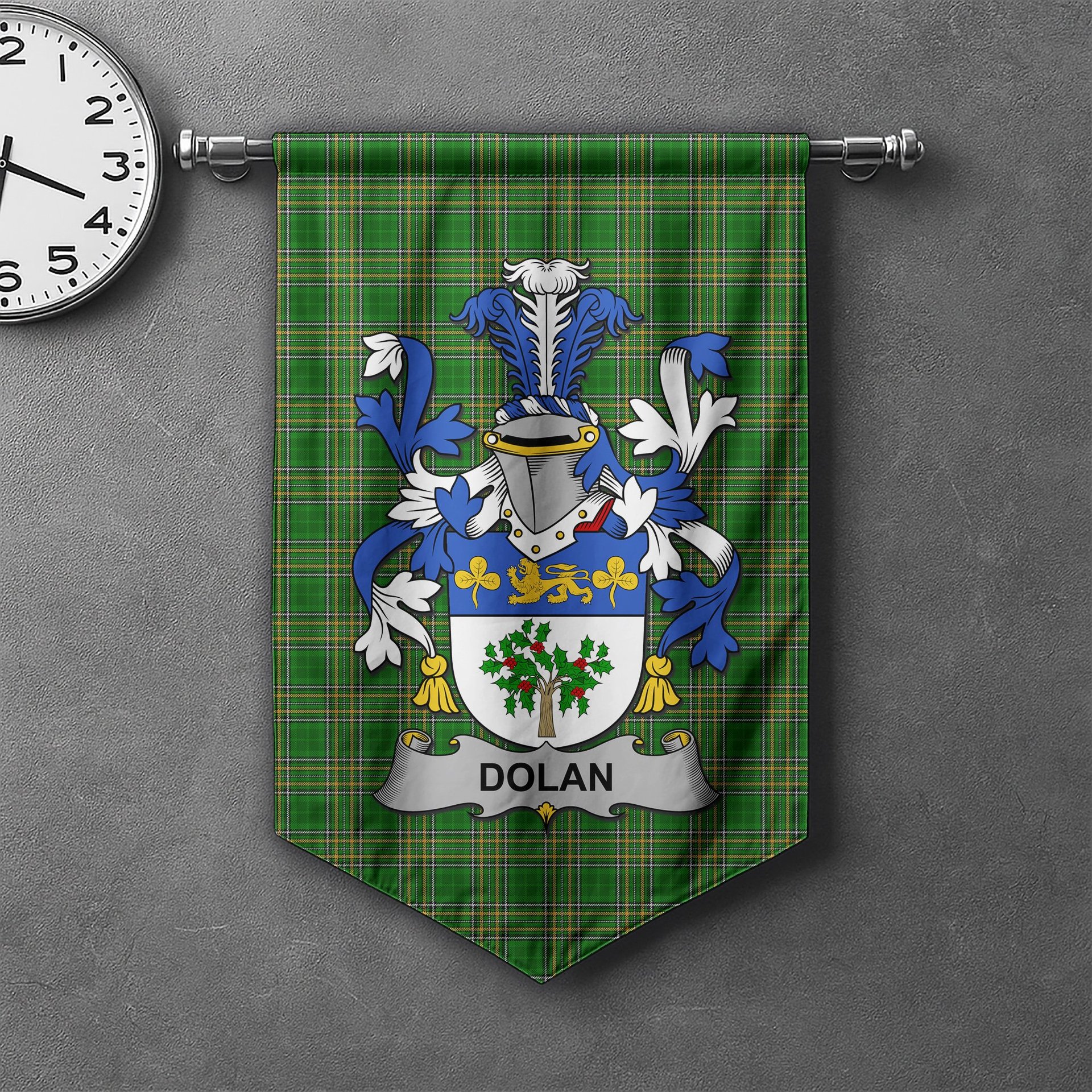 ScotsTee Shop Irish Dolan or O'Dolan Clan Coat of Arms Irish Tartan Gonfalon Flag