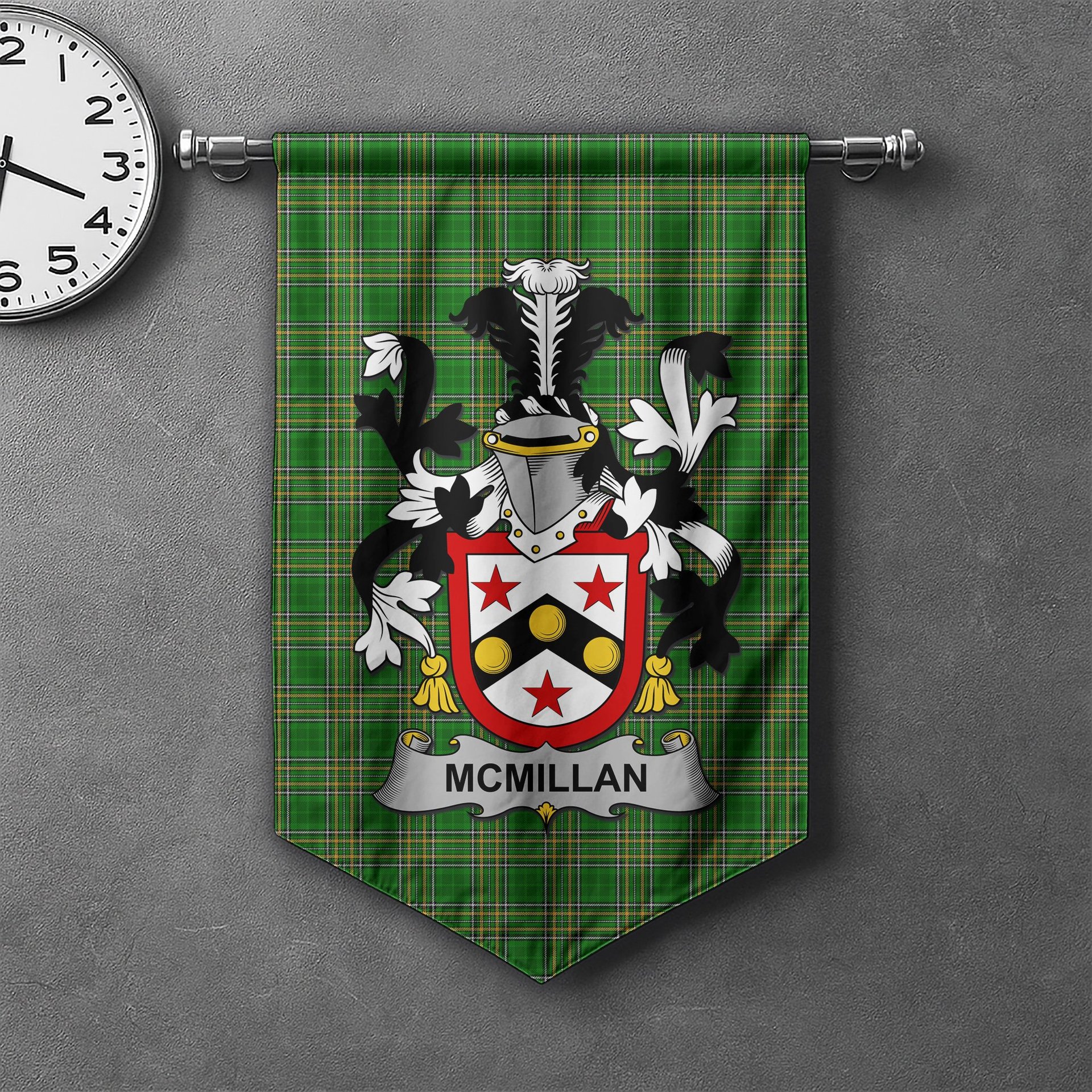 ScotsTee Shop Irish McMillan Clan Coat of Arms Irish Tartan Gonfalon Flag