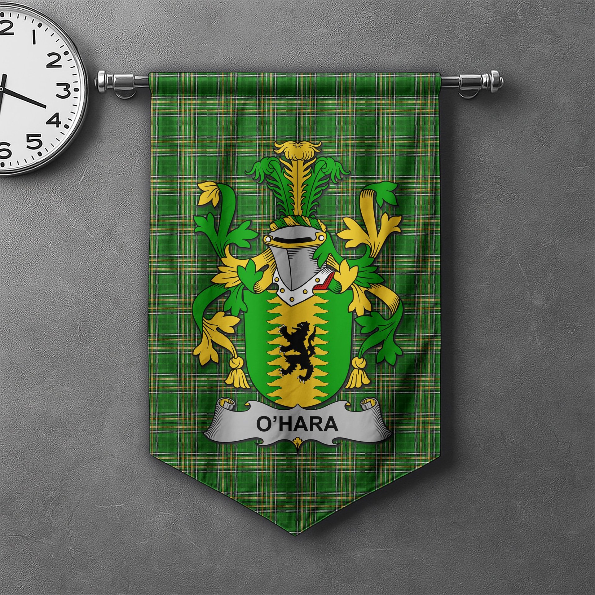 ScotsTee Shop Irish Hara or O'Hara Clan Coat of Arms Irish Tartan Gonfalon Flag