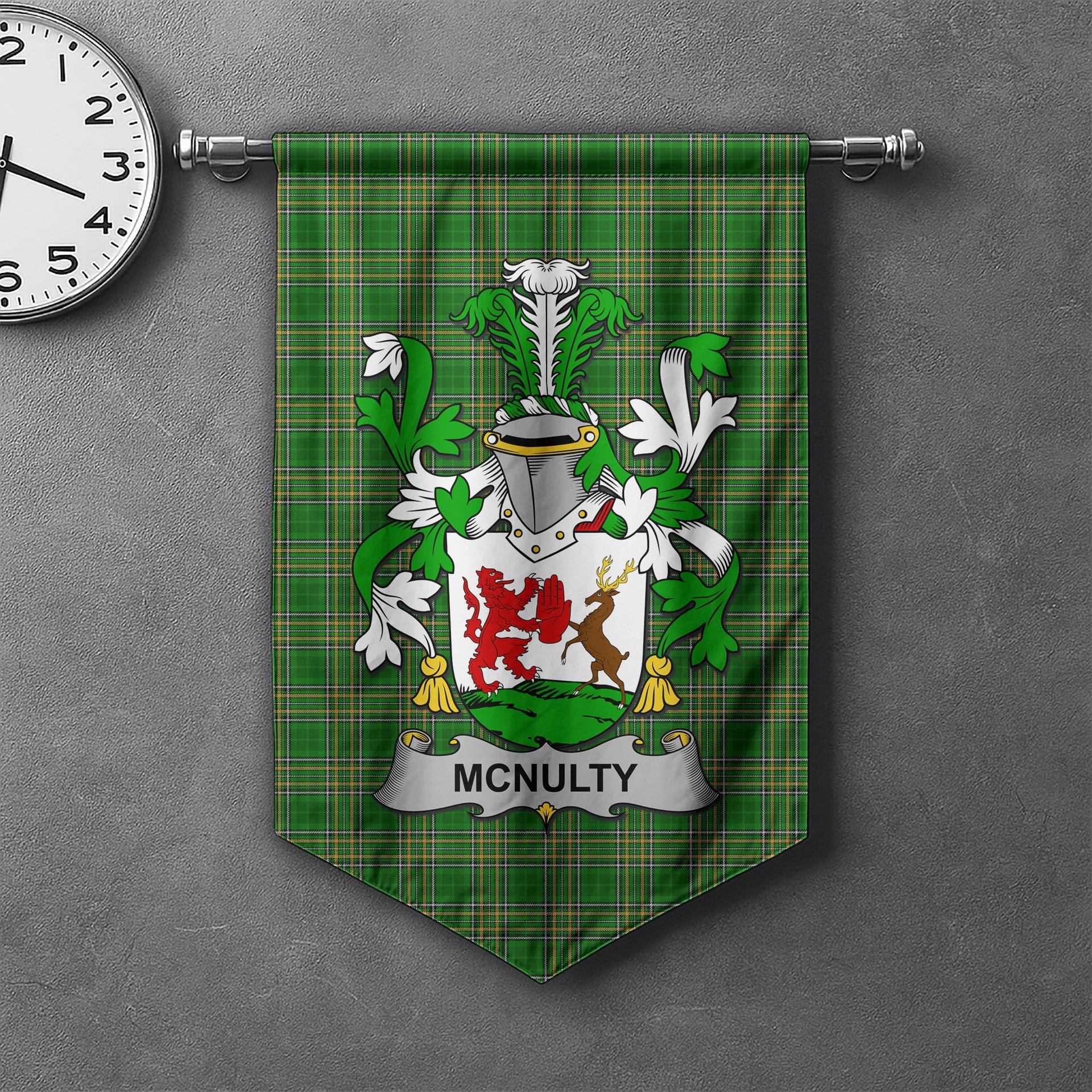ScotsTee Shop Irish McNulty Clan Coat of Arms Irish Tartan Gonfalon Flag