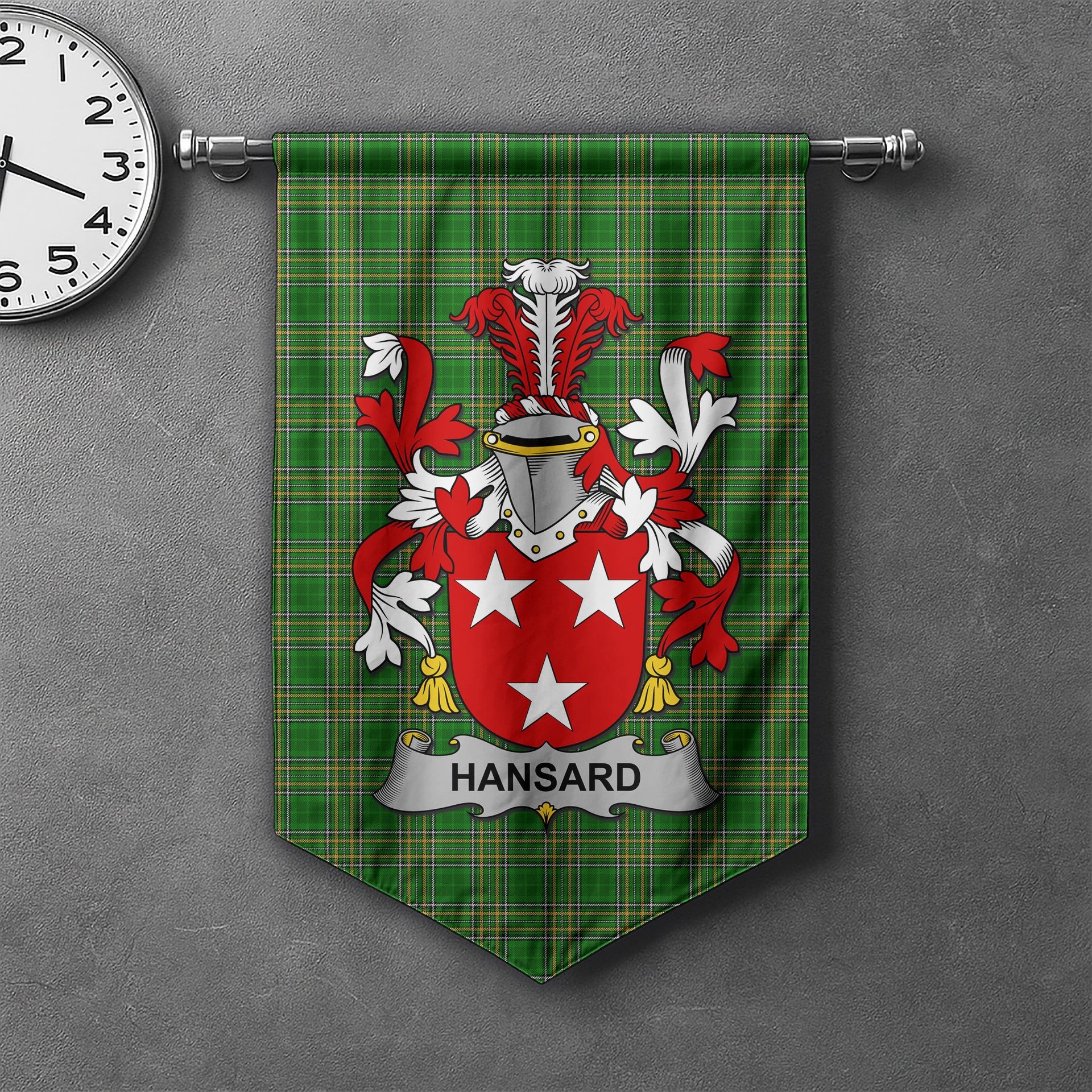 ScotsTee Shop Irish Hansard Clan Coat of Arms Irish Tartan Gonfalon Flag