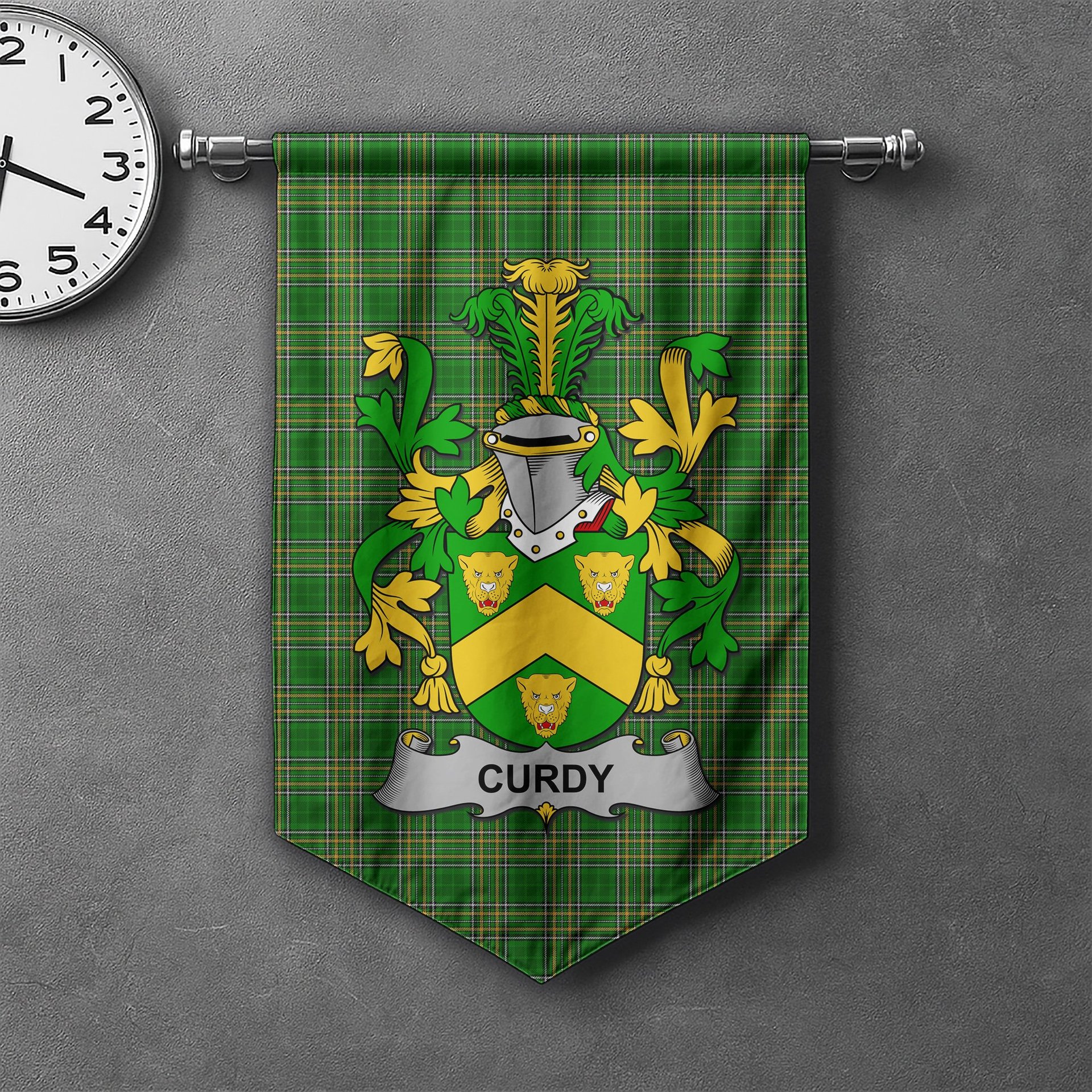 ScotsTee Shop Irish Curdy or McCurdy Clan Coat of Arms Irish Tartan Gonfalon Flag
