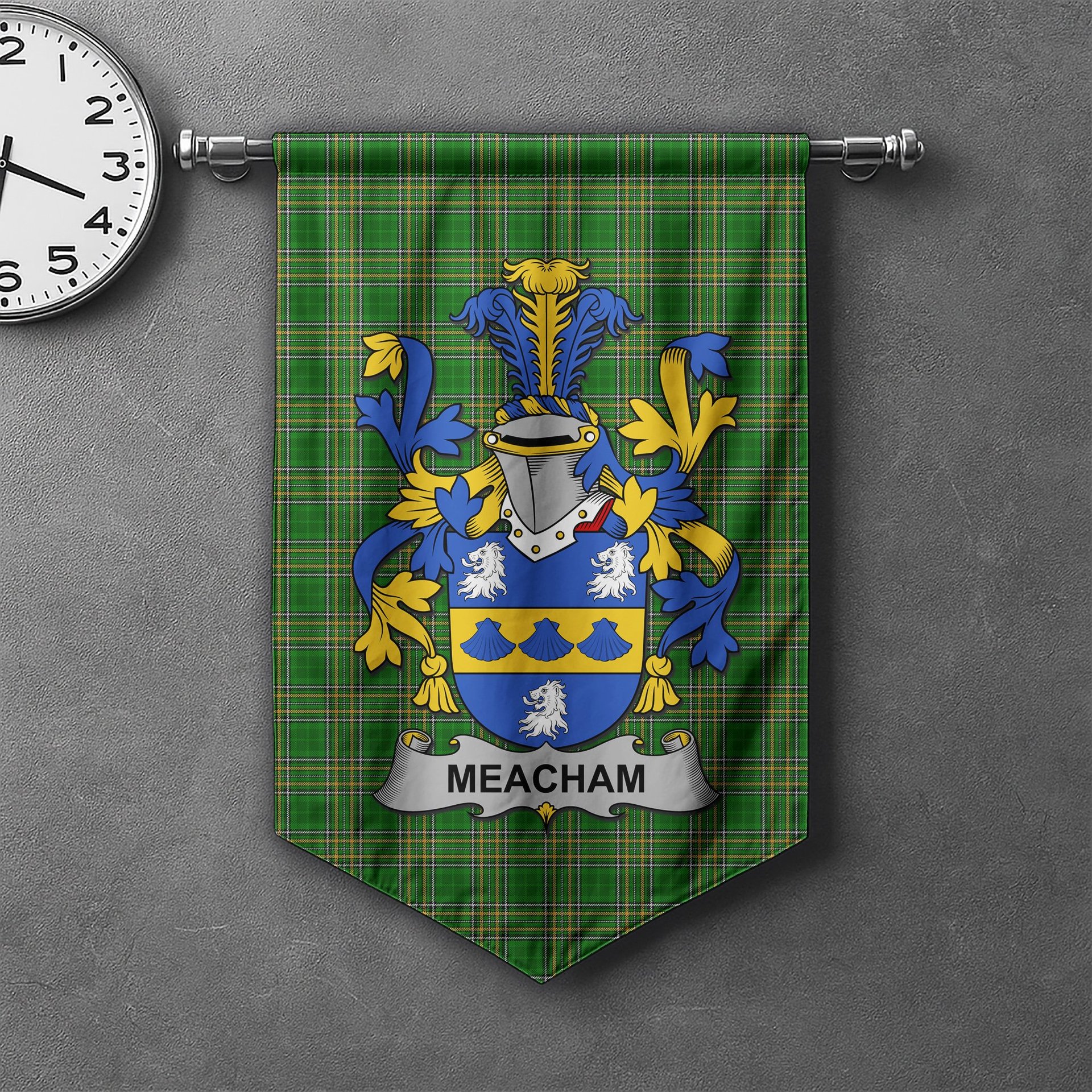 ScotsTee Shop Irish Meacham Clan Coat of Arms Irish Tartan Gonfalon Flag