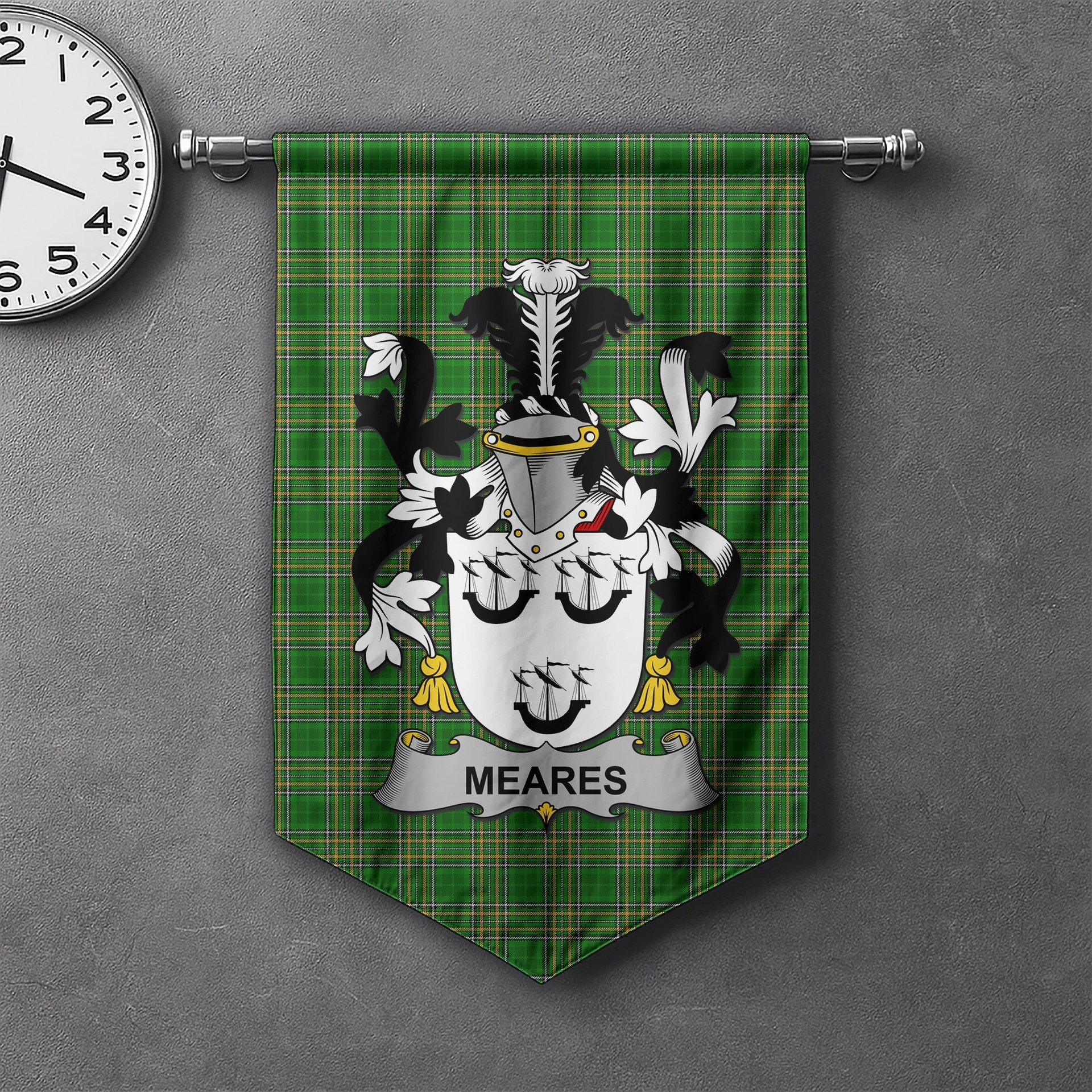 ScotsTee Shop Irish Meares Clan Coat of Arms Irish Tartan Gonfalon Flag