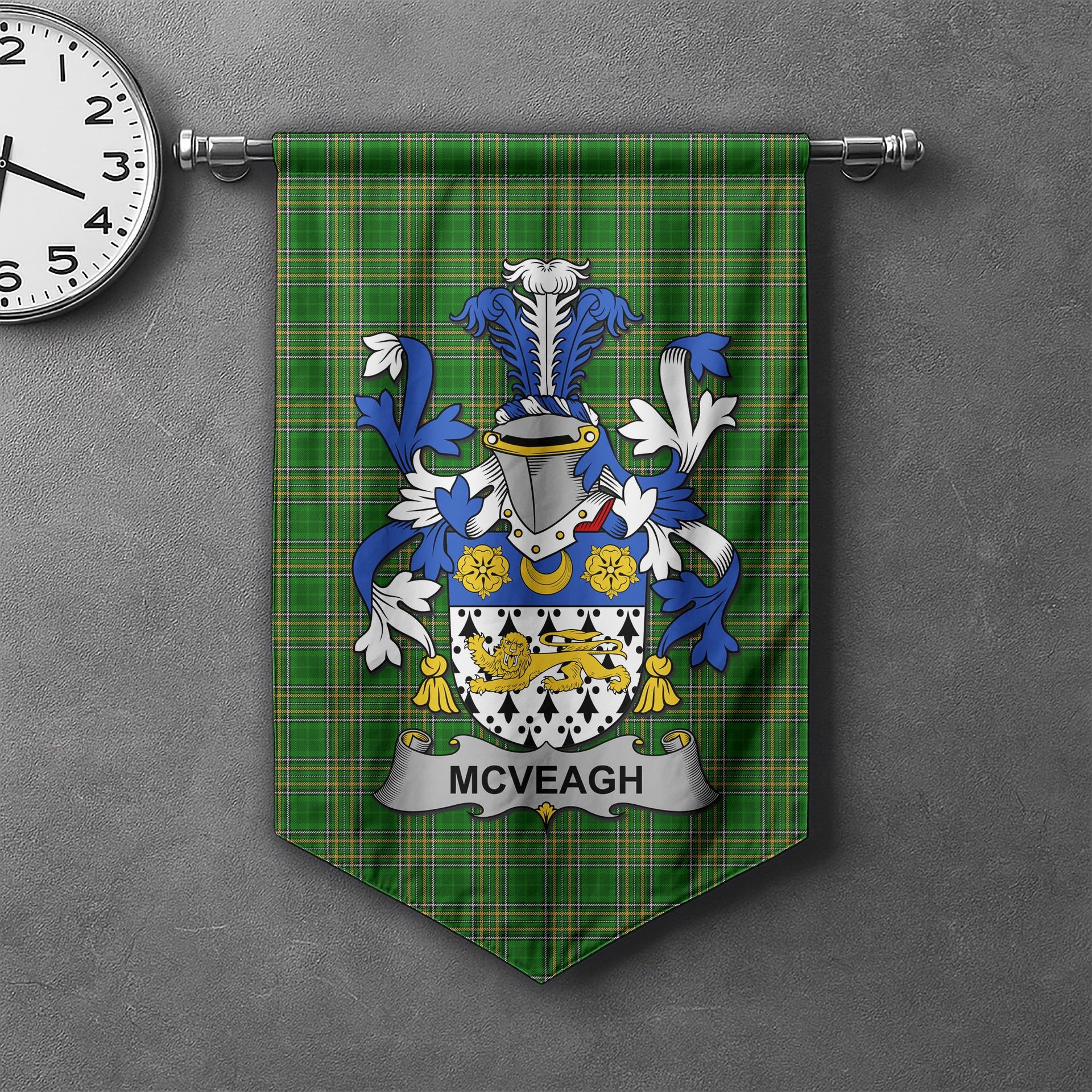 ScotsTee Shop Irish McVeagh or McFingah Clan Coat of Arms Irish Tartan Gonfalon Flag