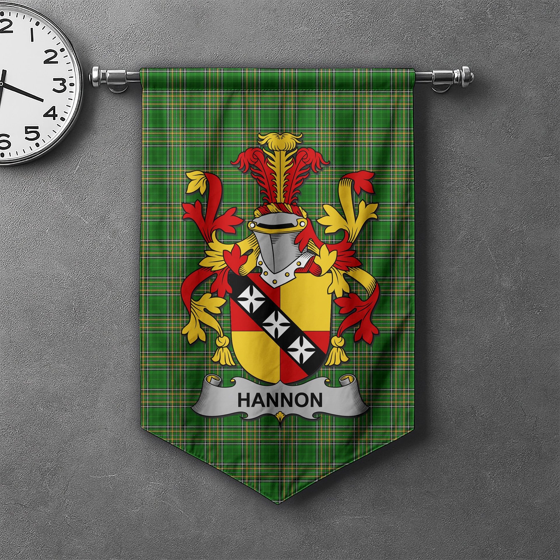 ScotsTee Shop Irish Hannon or O'Hannon Clan Coat of Arms Irish Tartan Gonfalon Flag