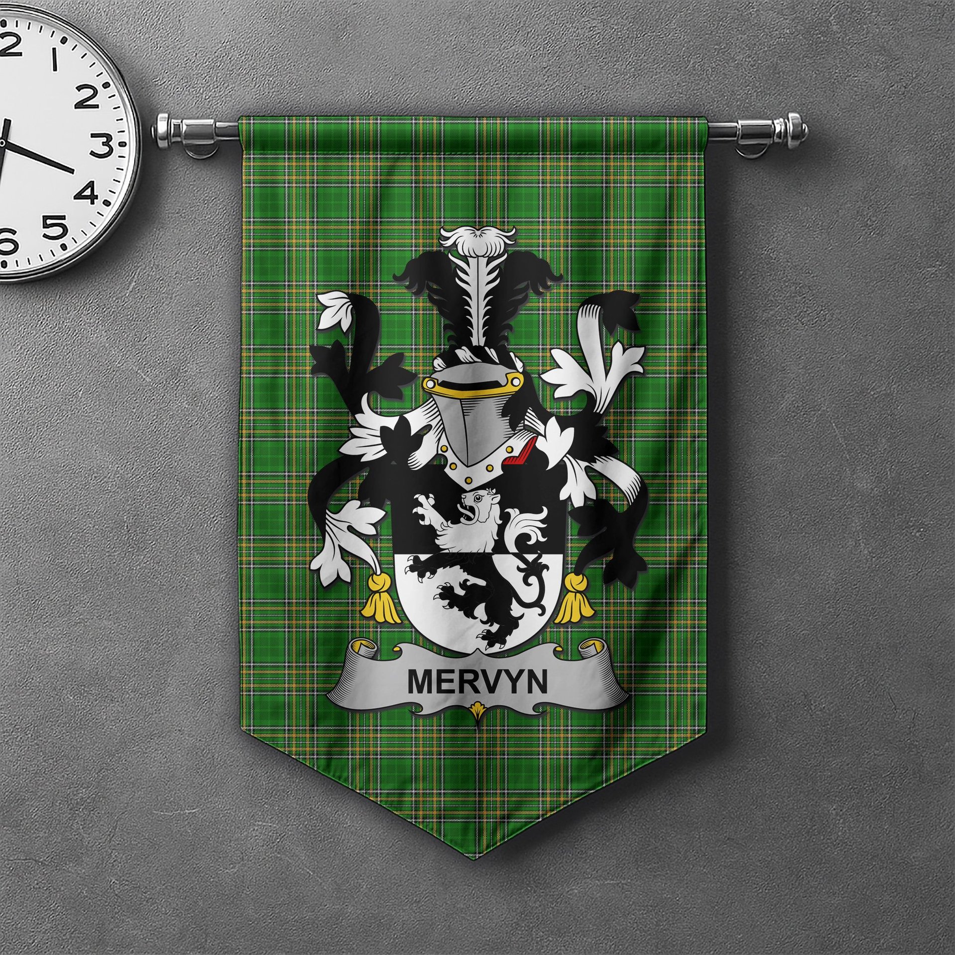 ScotsTee Shop Irish Mervyn Clan Coat of Arms Irish Tartan Gonfalon Flag