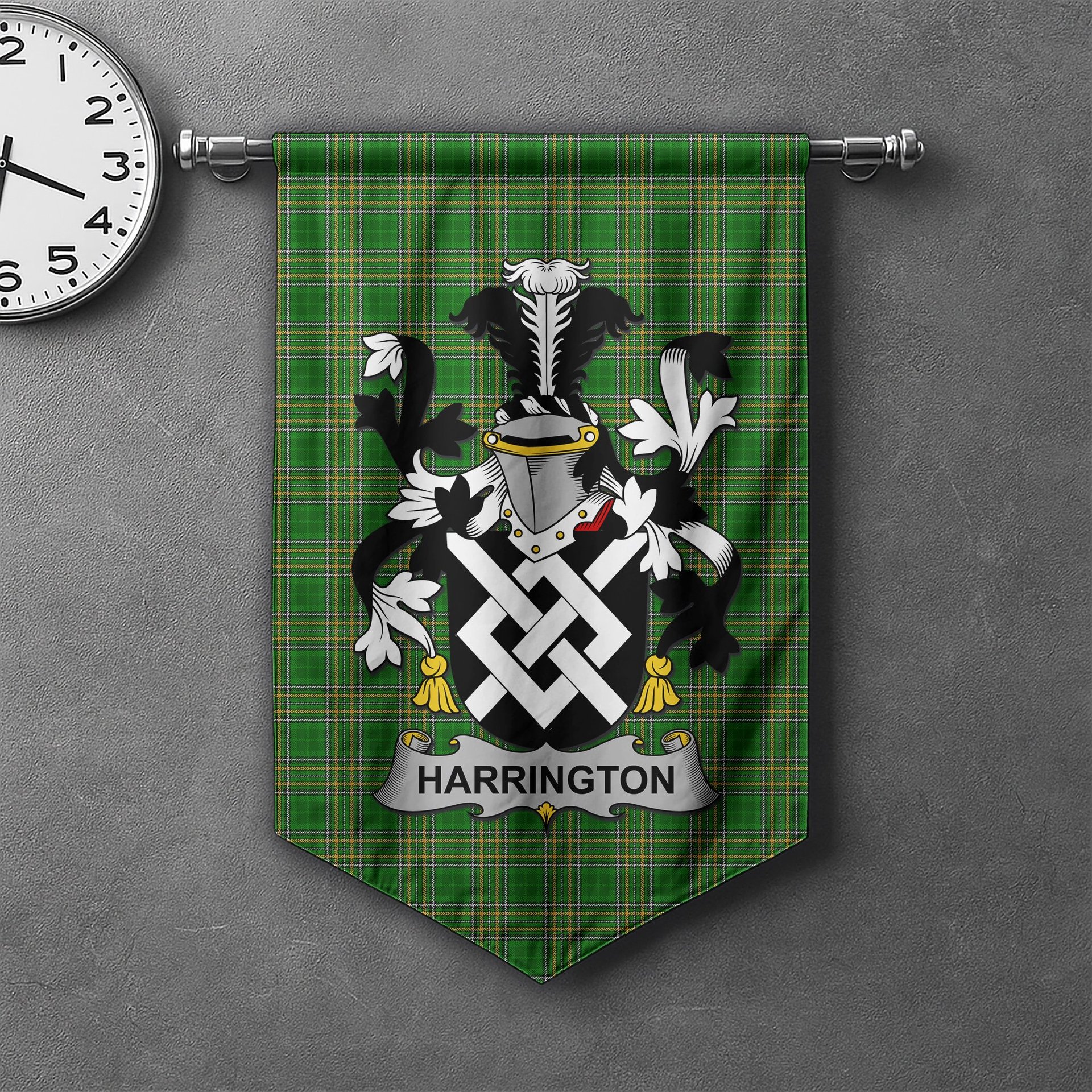 ScotsTee Shop Irish Harrington Clan Coat of Arms Irish Tartan Gonfalon Flag