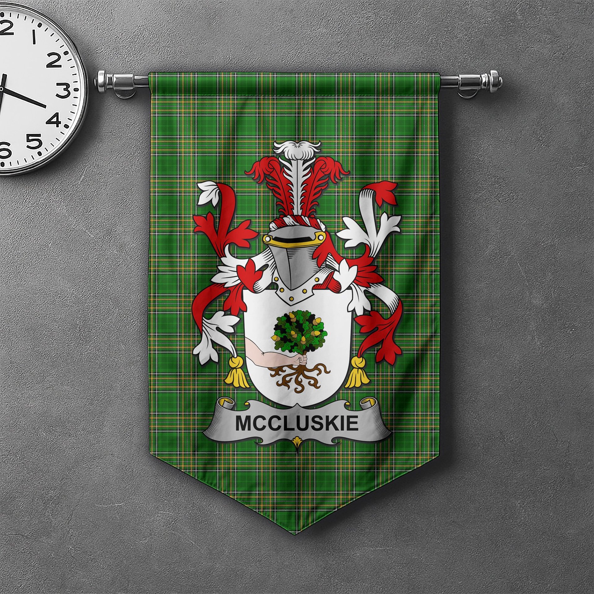 ScotsTee Shop Irish McCluskie or McCloskie Clan Coat of Arms Irish Tartan Gonfalon Flag