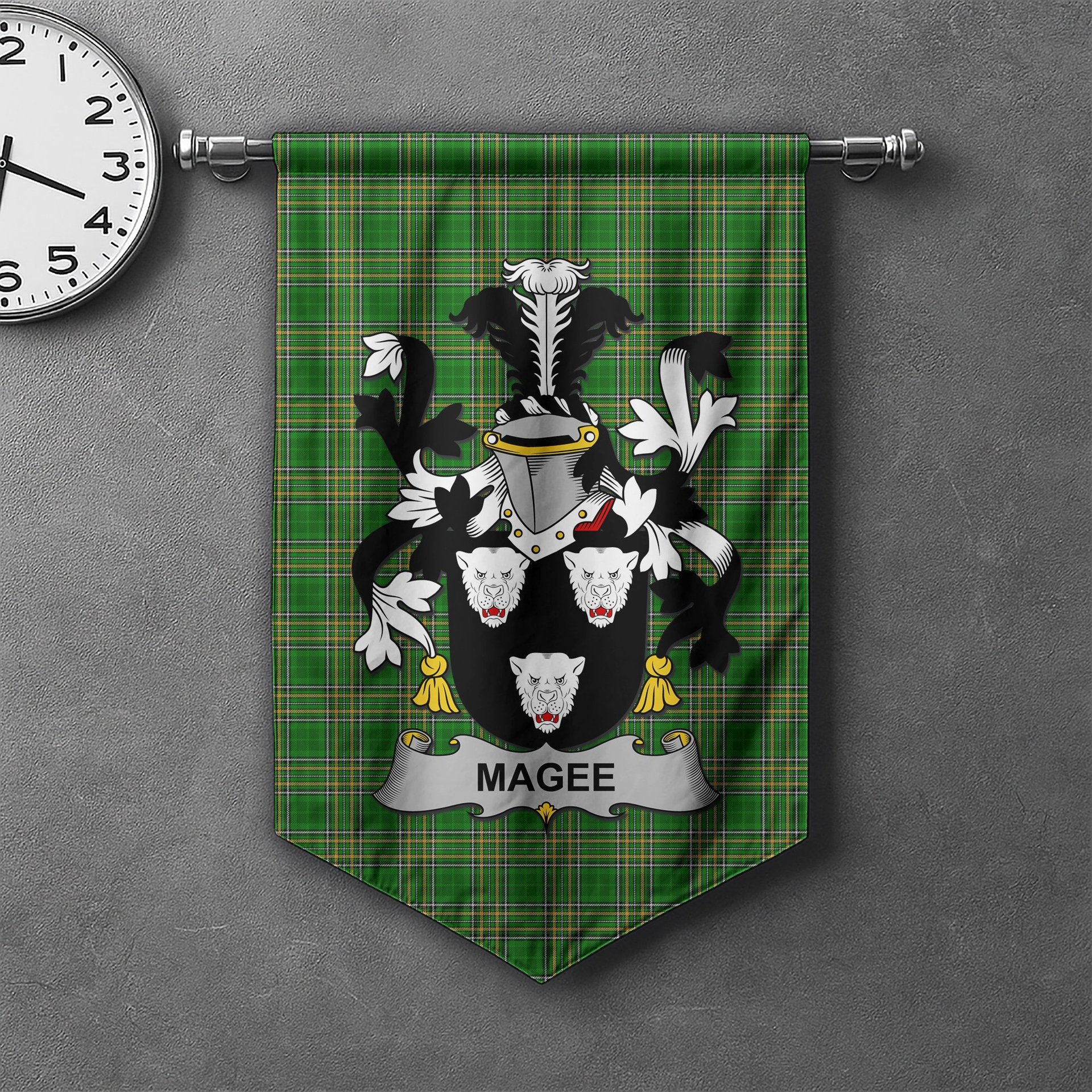 ScotsTee Shop Irish Magee or McGee Clan Coat of Arms Irish Tartan Gonfalon Flag