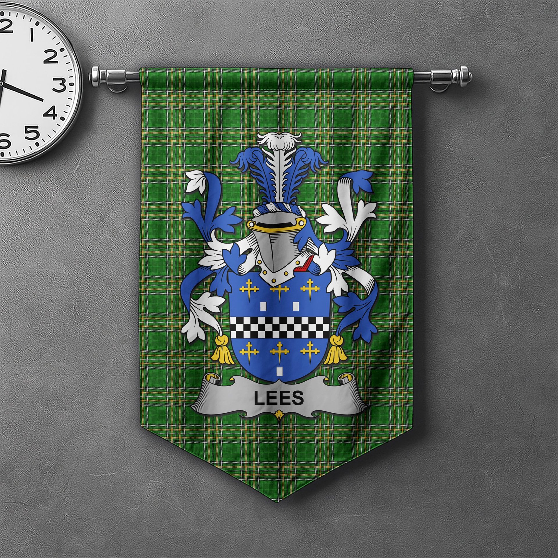 ScotsTee Shop Irish Lees or McAleese Clan Coat of Arms Irish Tartan Gonfalon Flag