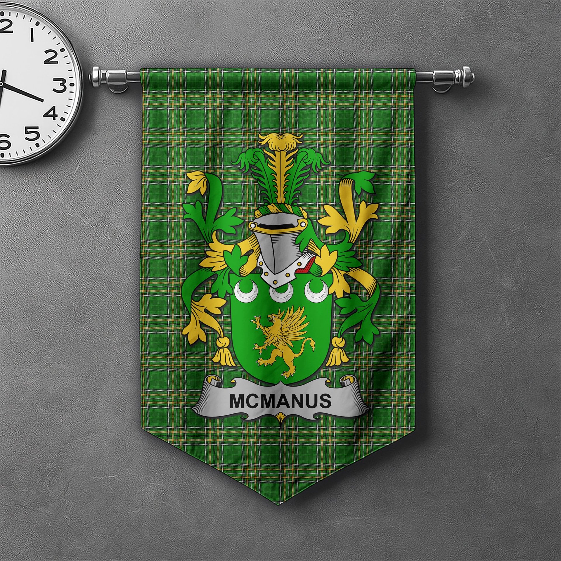 ScotsTee Shop Irish McManus Clan Coat of Arms Irish Tartan Gonfalon Flag