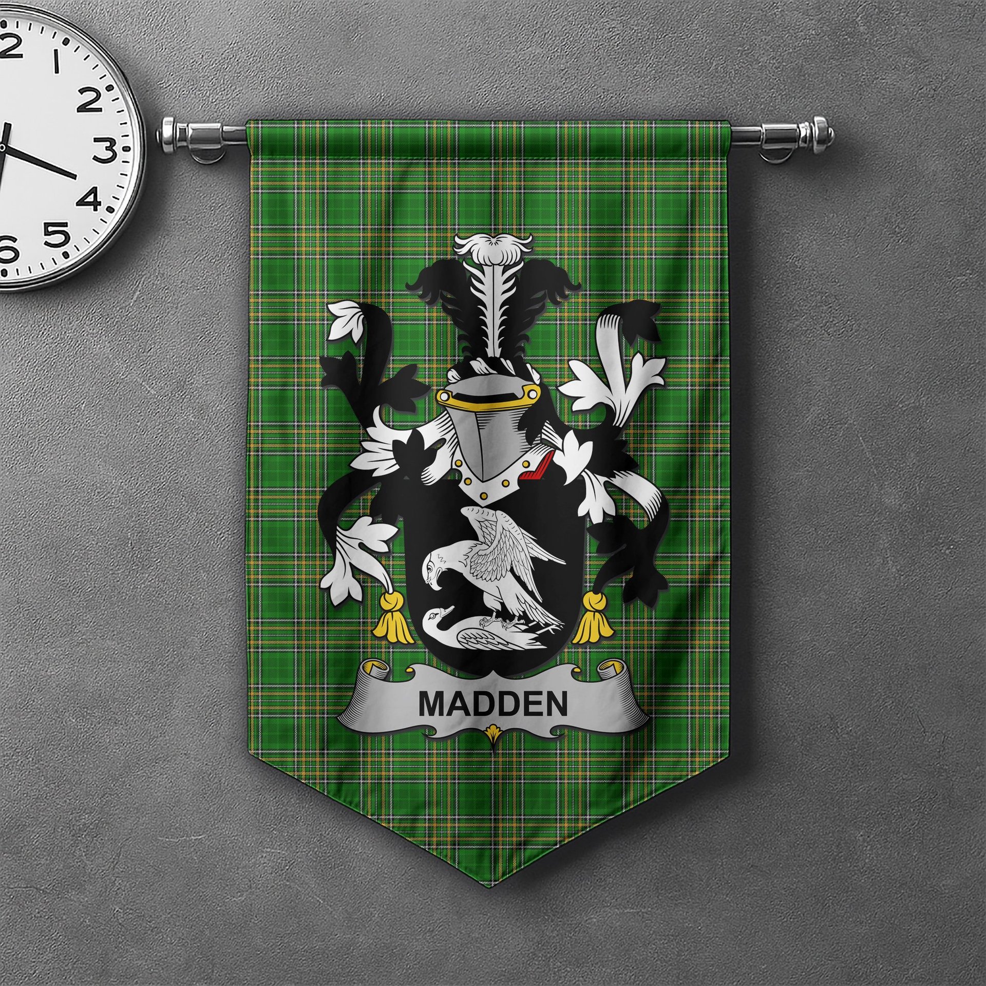 ScotsTee Shop Irish Madden or O'Madden Clan Coat of Arms Irish Tartan Gonfalon Flag