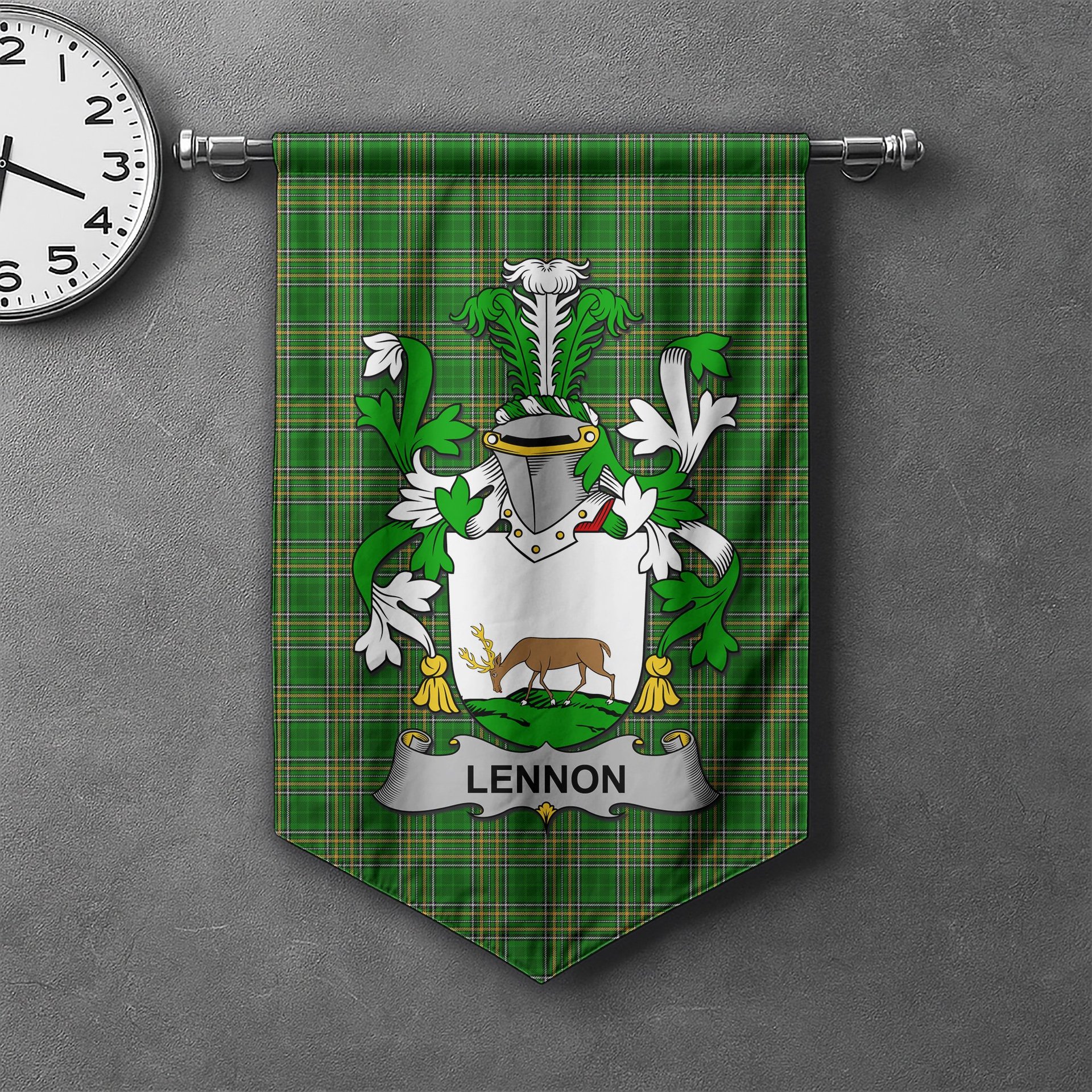 ScotsTee Shop Irish Lennon or O'Lennon Clan Coat of Arms Irish Tartan Gonfalon Flag