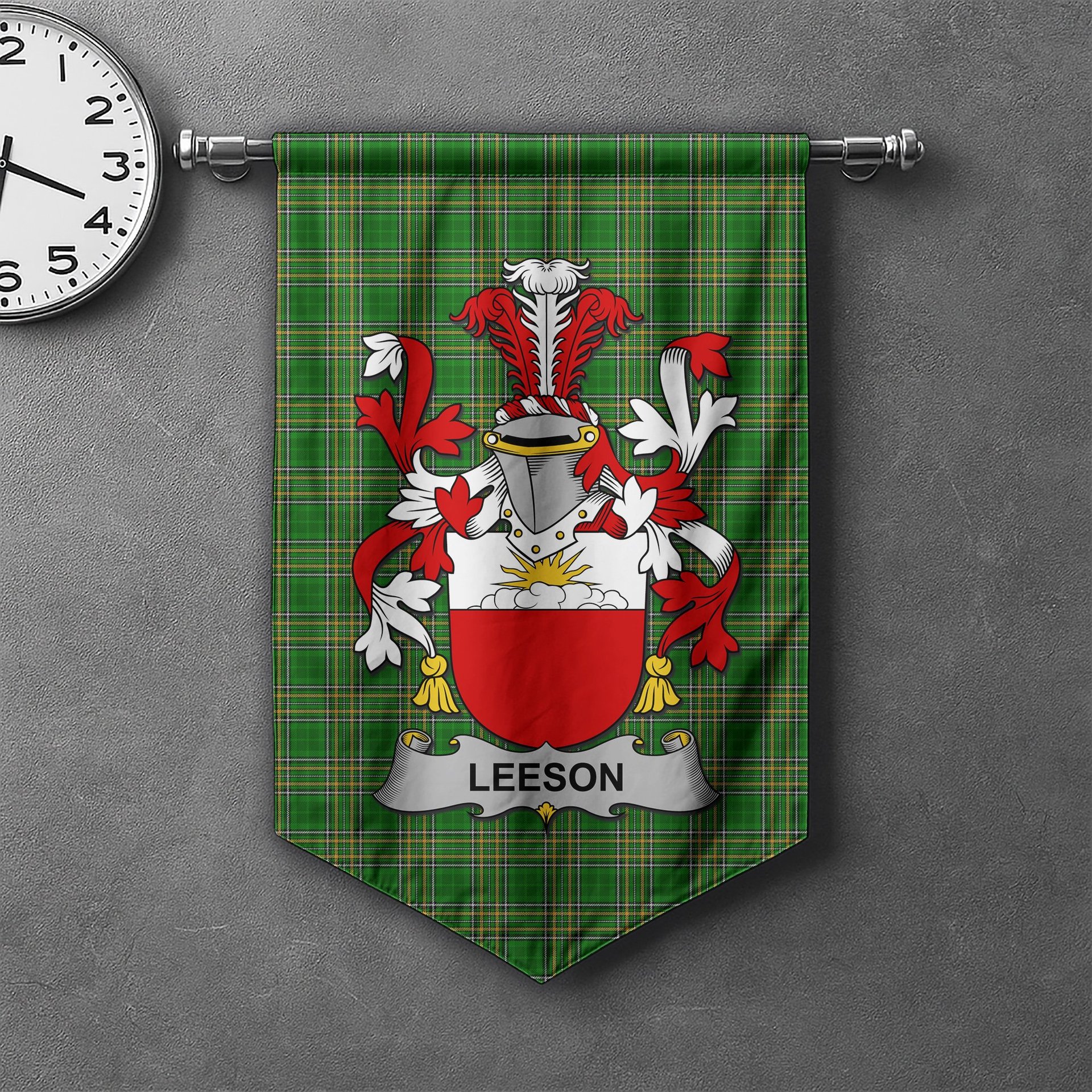 ScotsTee Shop Irish Leeson Clan Coat of Arms Irish Tartan Gonfalon Flag