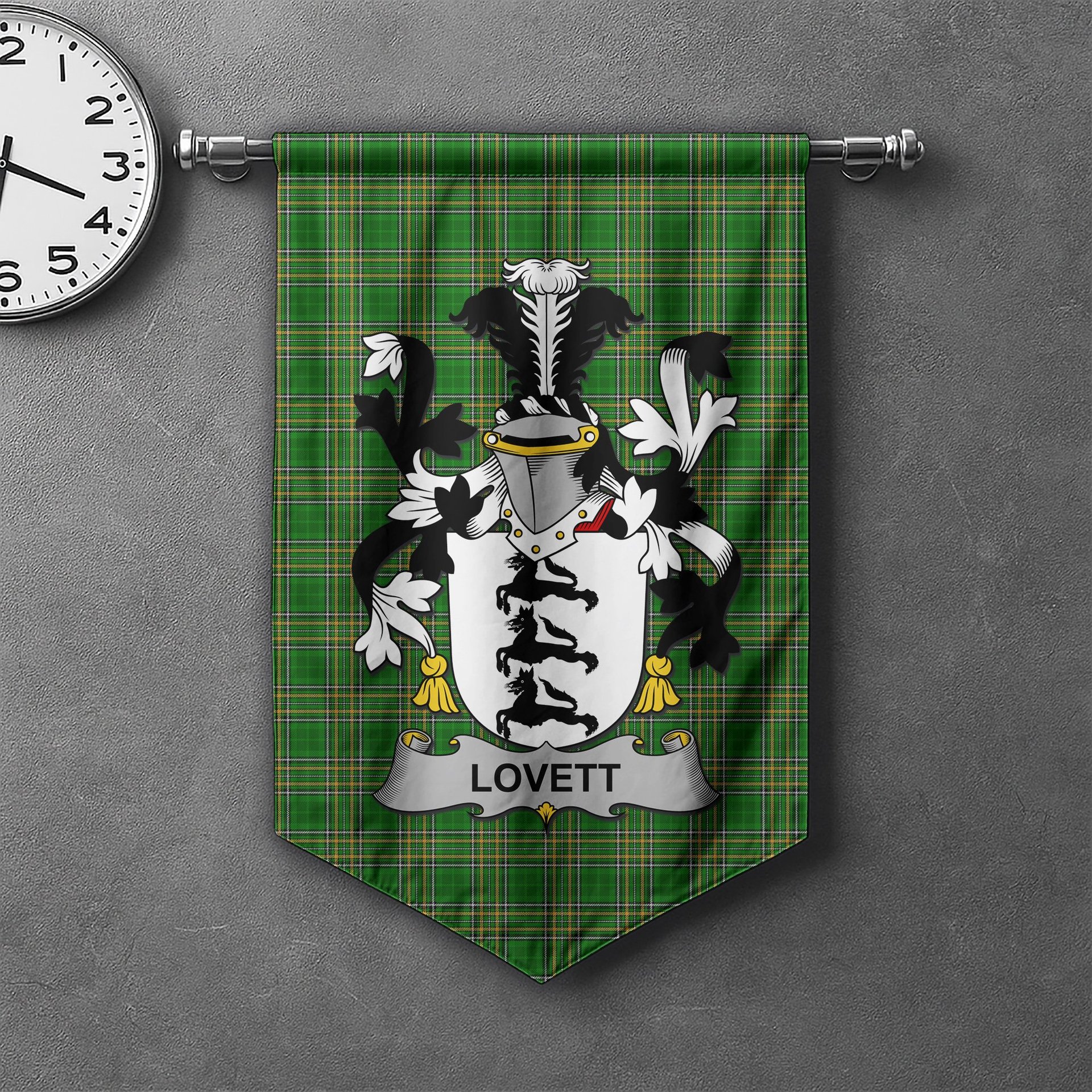 ScotsTee Shop Irish Lovett Clan Coat of Arms Irish Tartan Gonfalon Flag