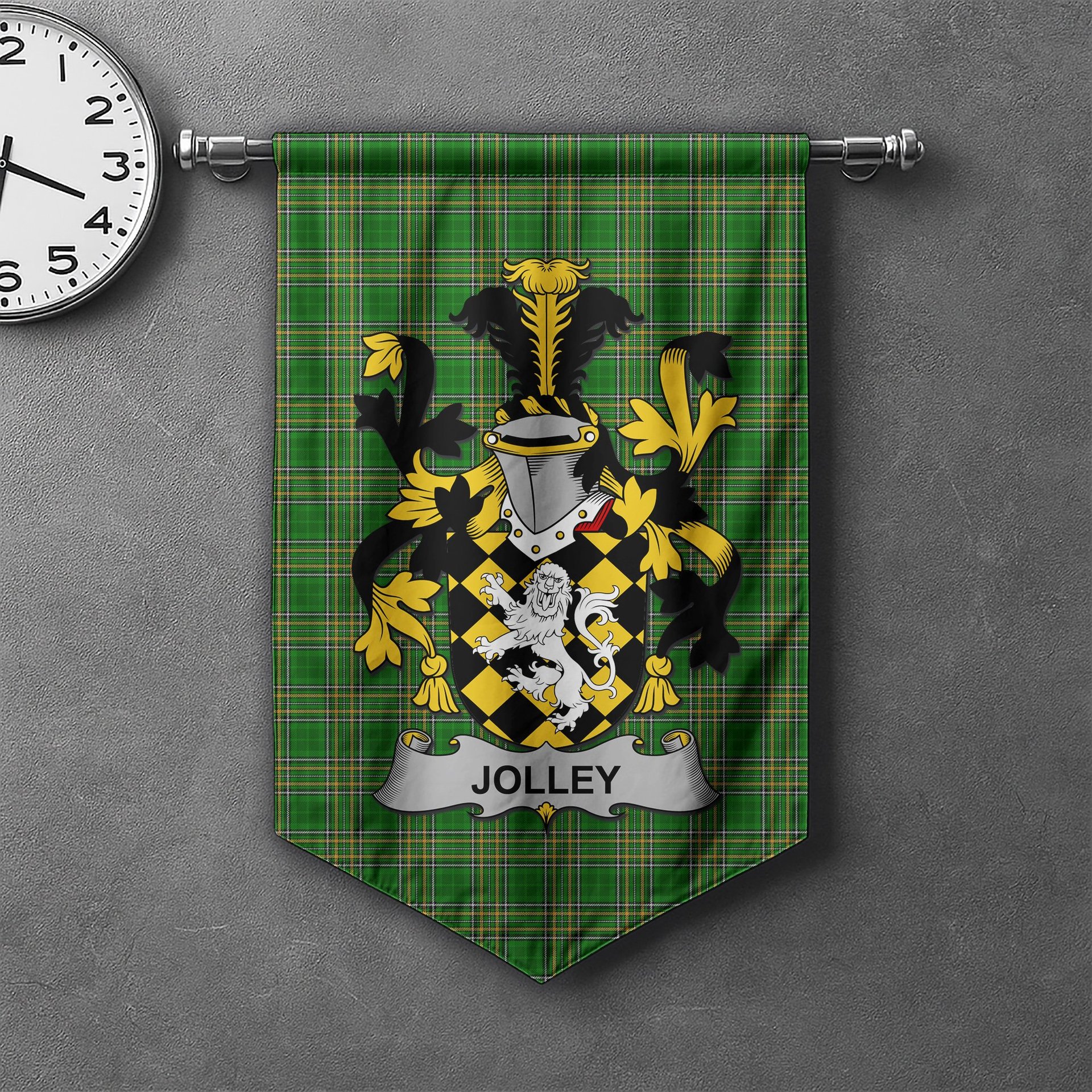 ScotsTee Shop Irish Jolley or Jolly Clan Coat of Arms Irish Tartan Gonfalon Flag