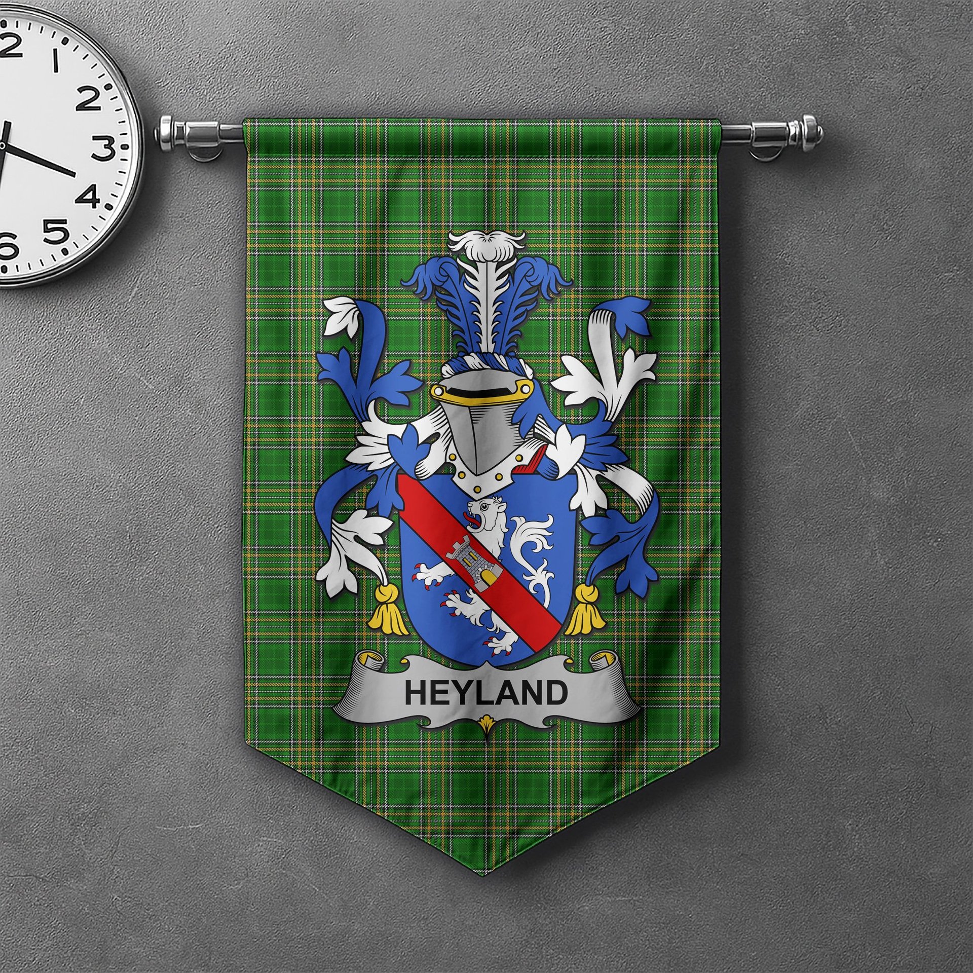 ScotsTee Shop Irish Heyland Clan Coat of Arms Irish Tartan Gonfalon Flag