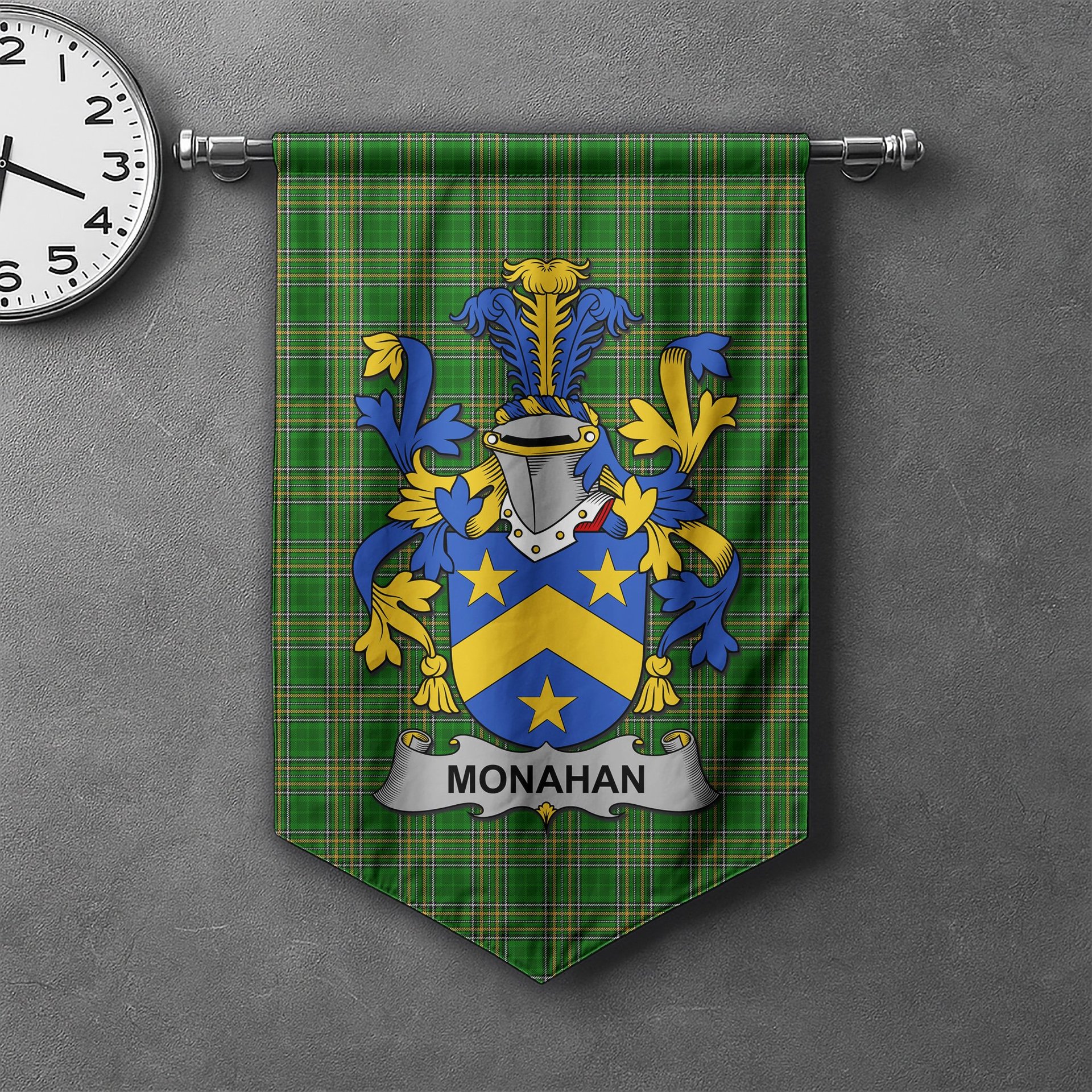 ScotsTee Shop Irish Monahan or O'Monaghan Clan Coat of Arms Irish Tartan Gonfalon Flag