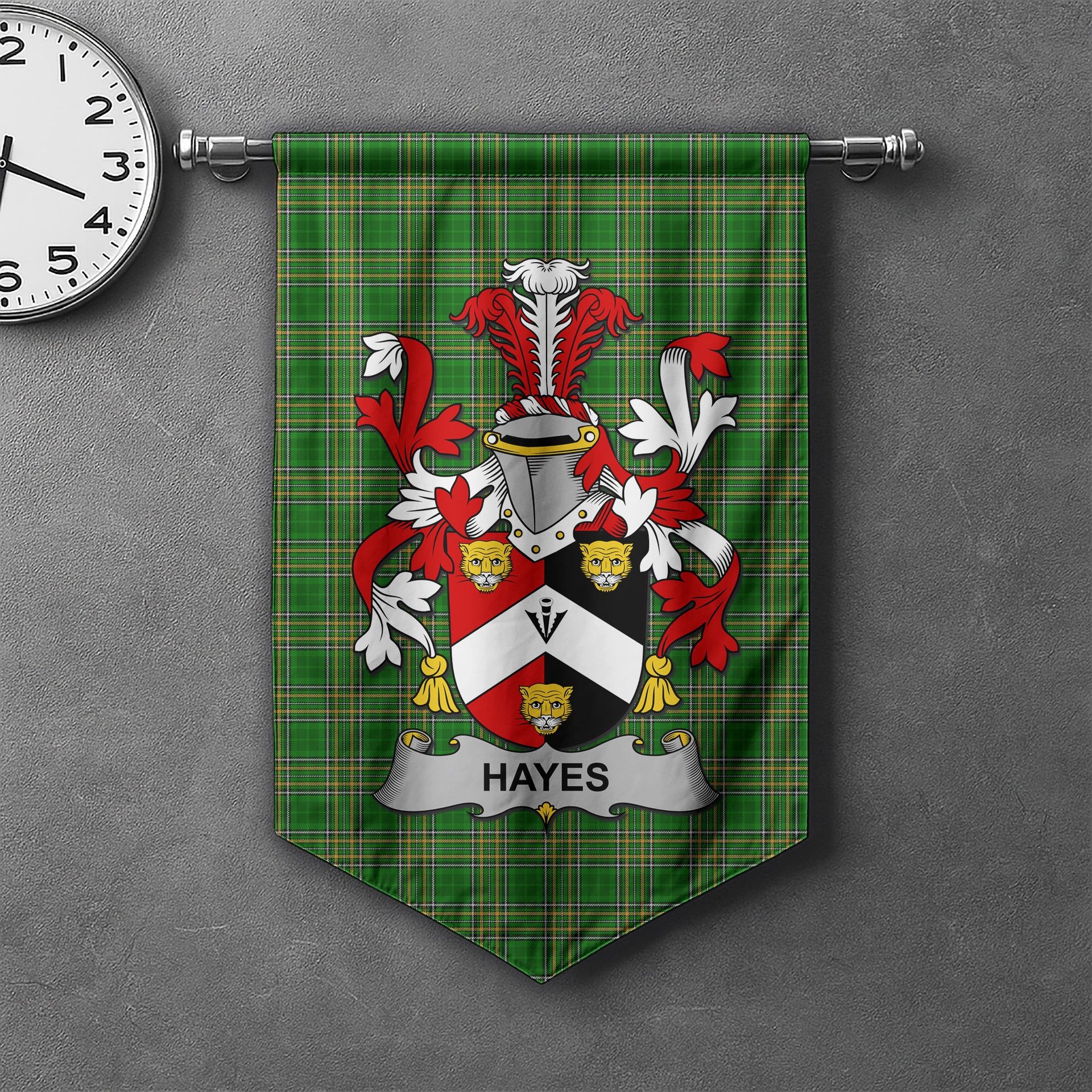 ScotsTee Shop Irish Hayes Clan Coat of Arms Irish Tartan Gonfalon Flag