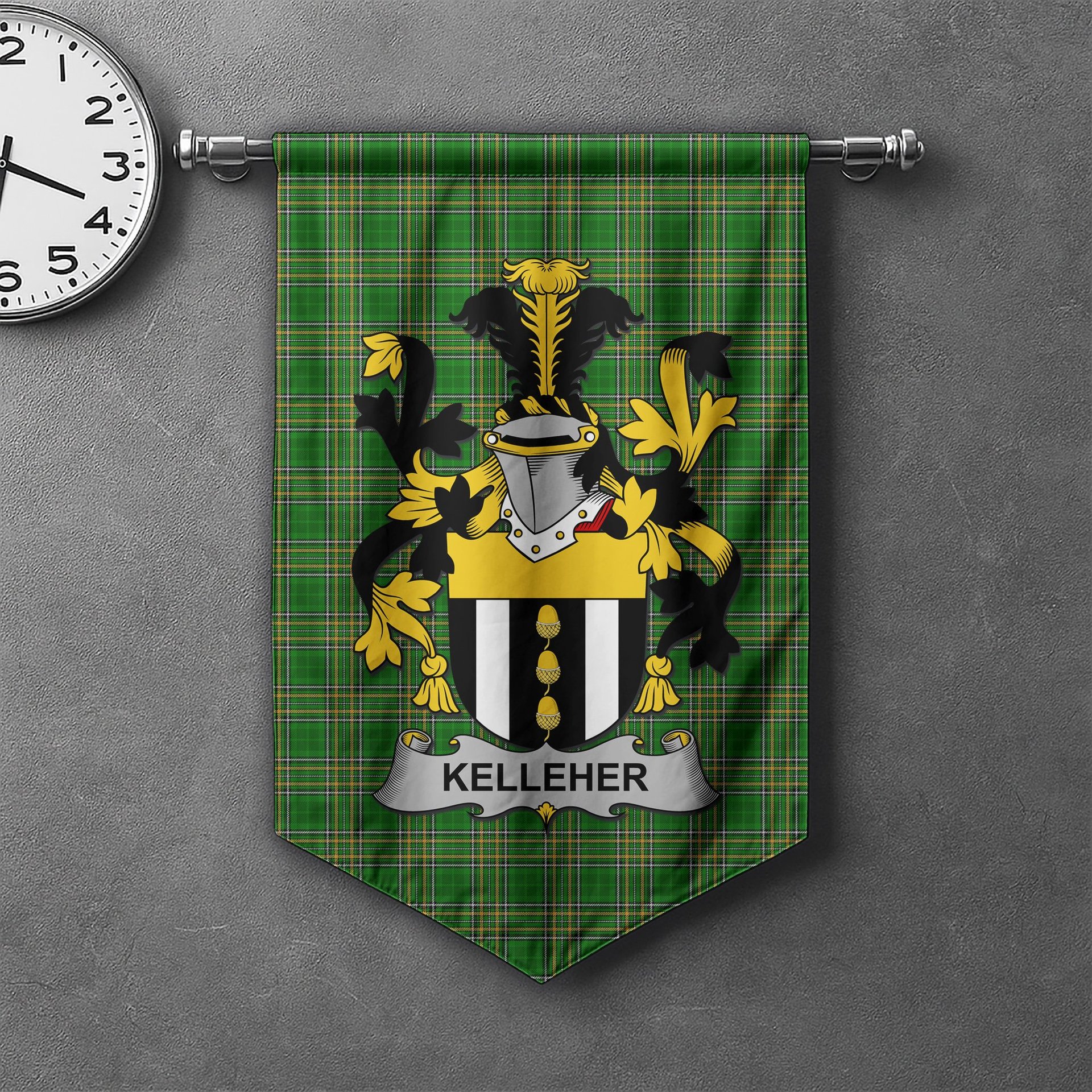 ScotsTee Shop Irish Kelleher or O'Kelleher Clan Coat of Arms Irish Tartan Gonfalon Flag