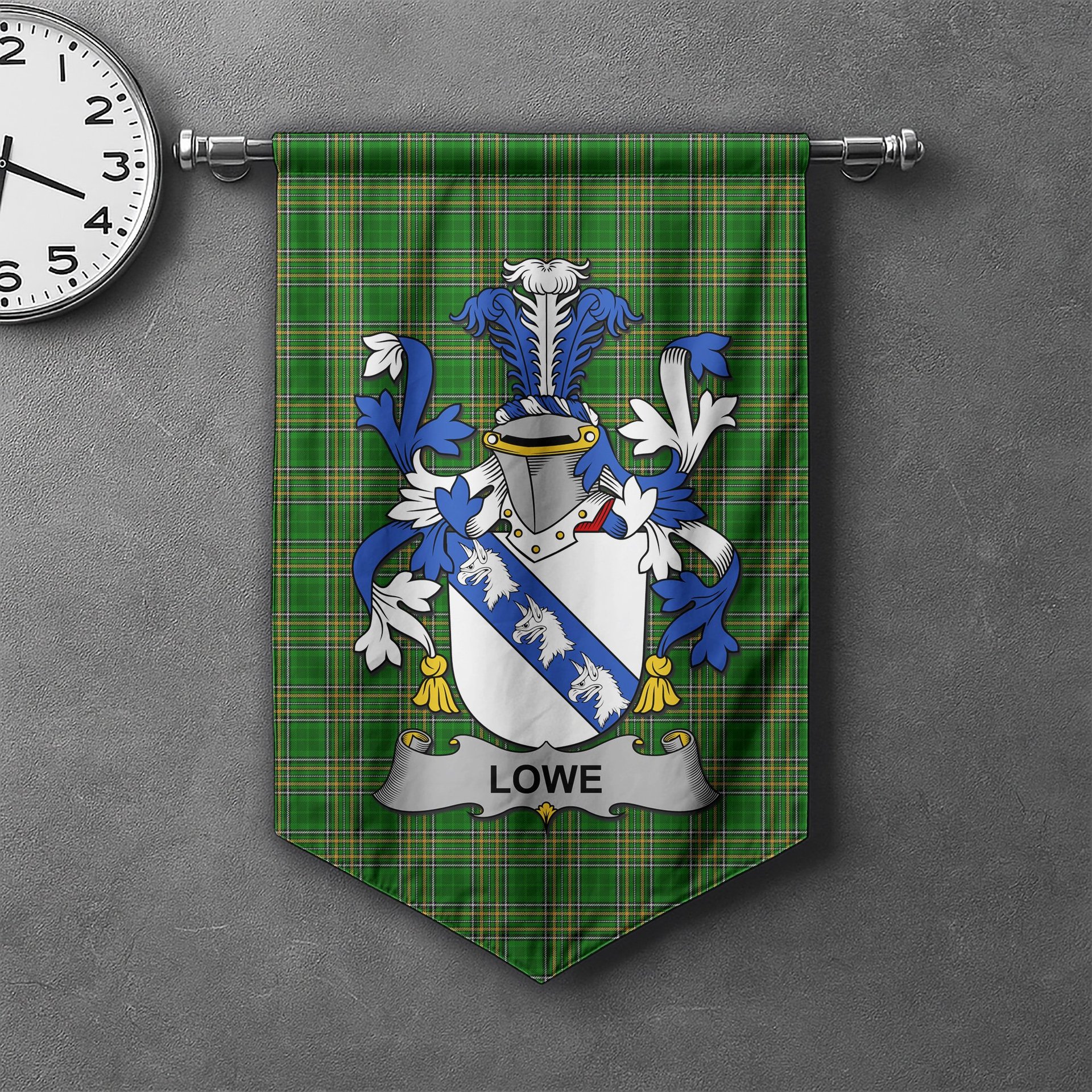 ScotsTee Shop Irish Lowe Clan Coat of Arms Irish Tartan Gonfalon Flag