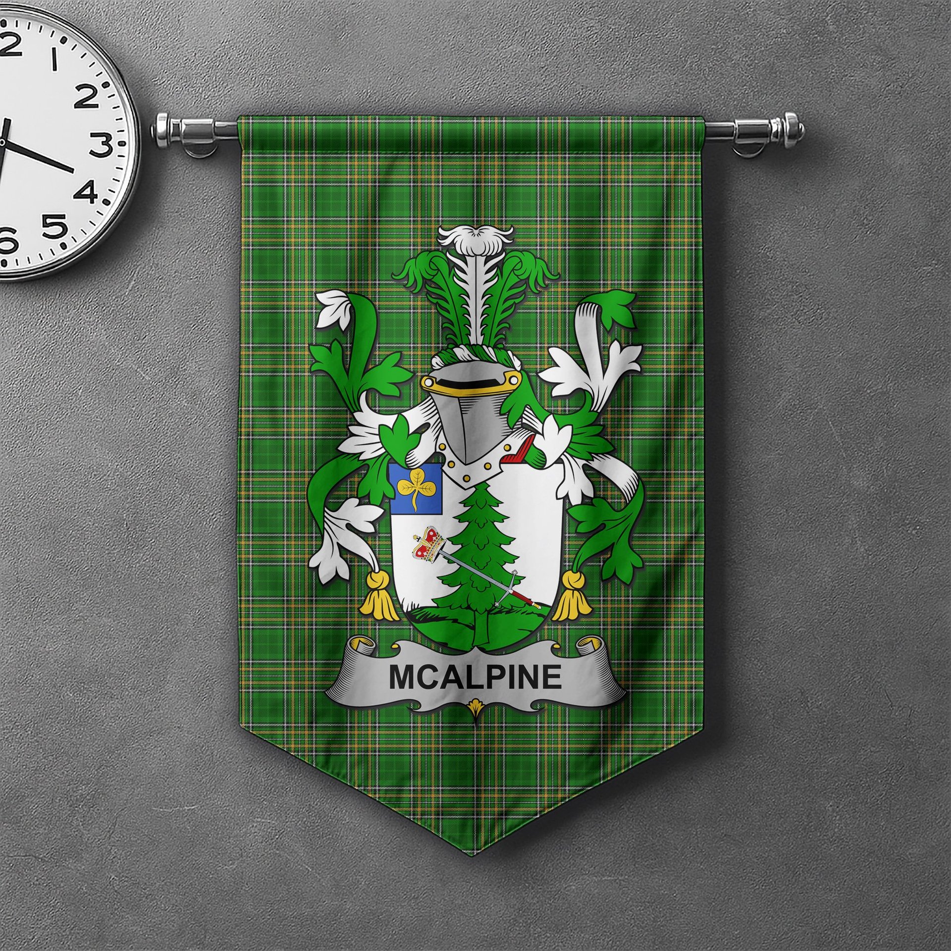 ScotsTee Shop Irish McAlpine or MacAlpin Clan Coat of Arms Irish Tartan Gonfalon Flag
