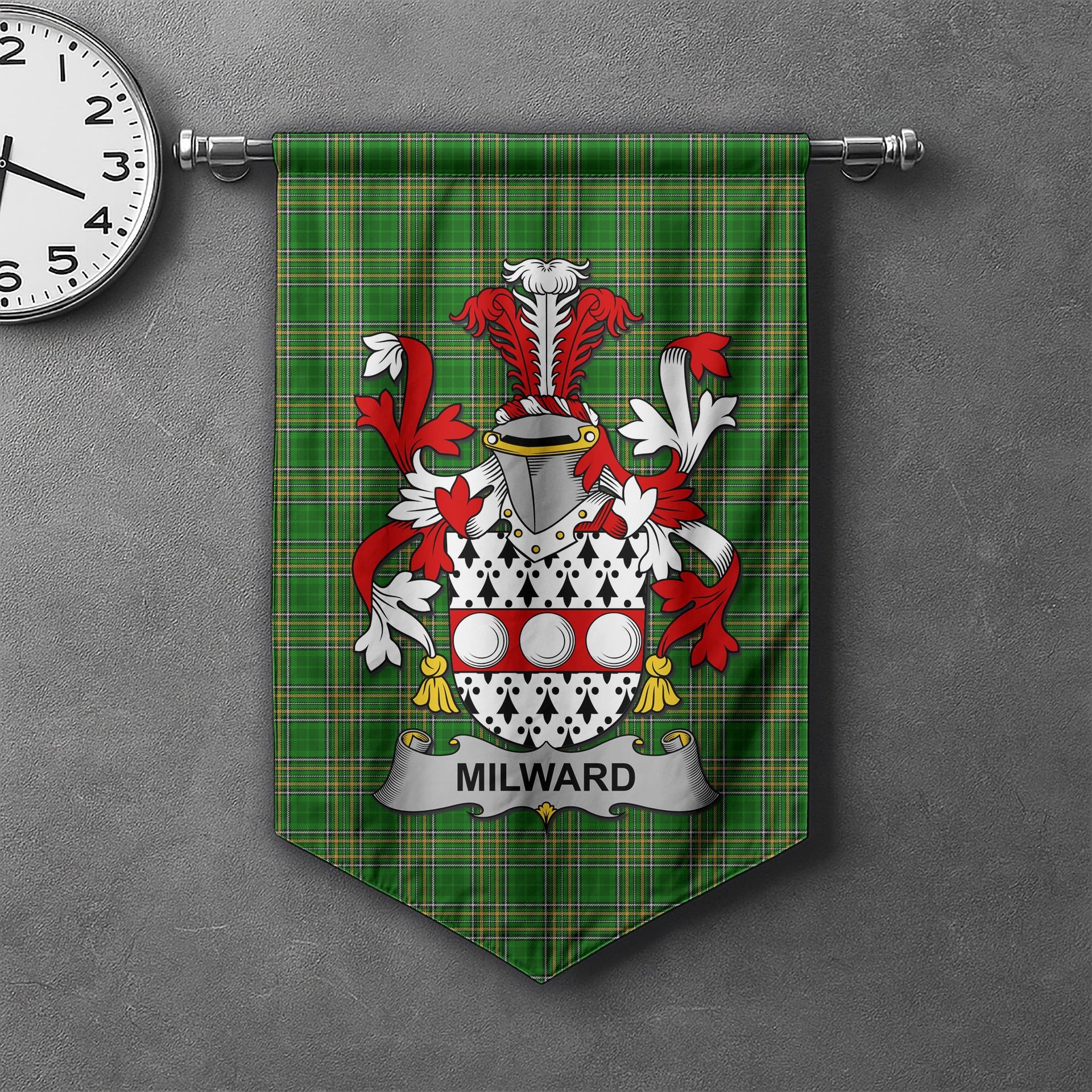 ScotsTee Shop Irish Milward Clan Coat of Arms Irish Tartan Gonfalon Flag