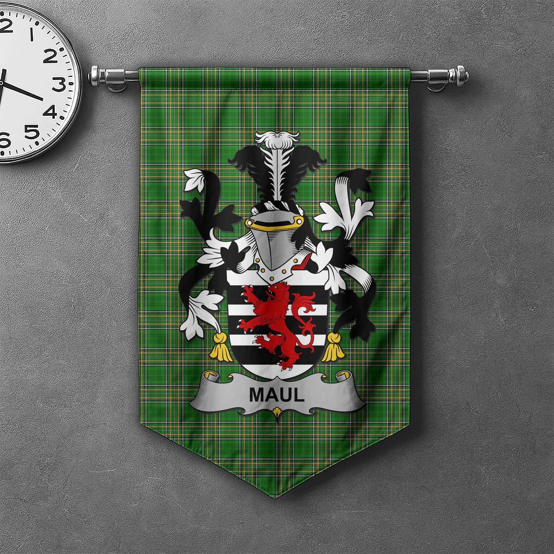 ScotsTee Shop Irish Maul or Maule Clan Coat of Arms Irish Tartan Gonfalon Flag