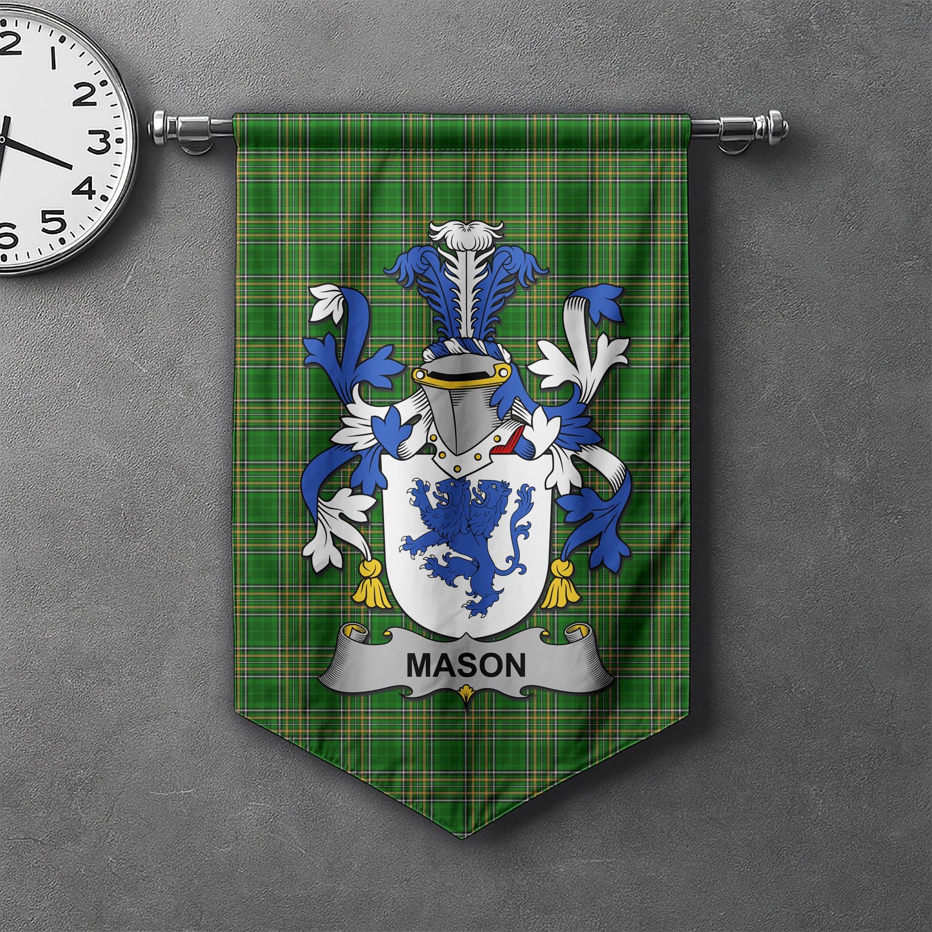 ScotsTee Shop Irish Mason Clan Coat of Arms Irish Tartan Gonfalon Flag