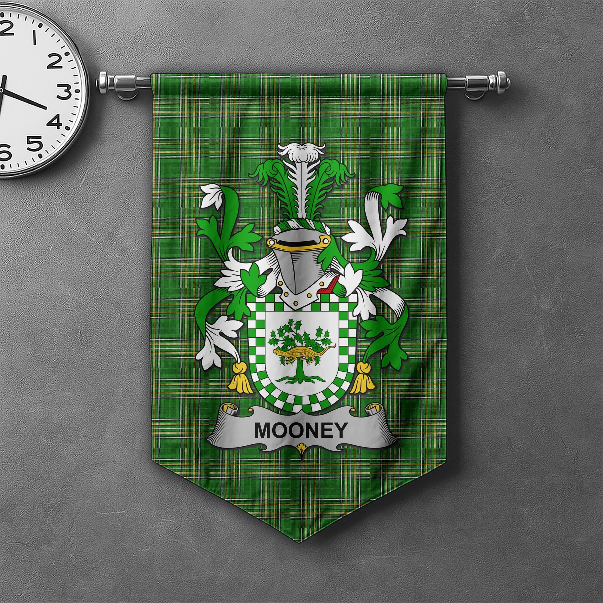 ScotsTee Shop Irish Mooney or O'Mooney Clan Coat of Arms Irish Tartan Gonfalon Flag