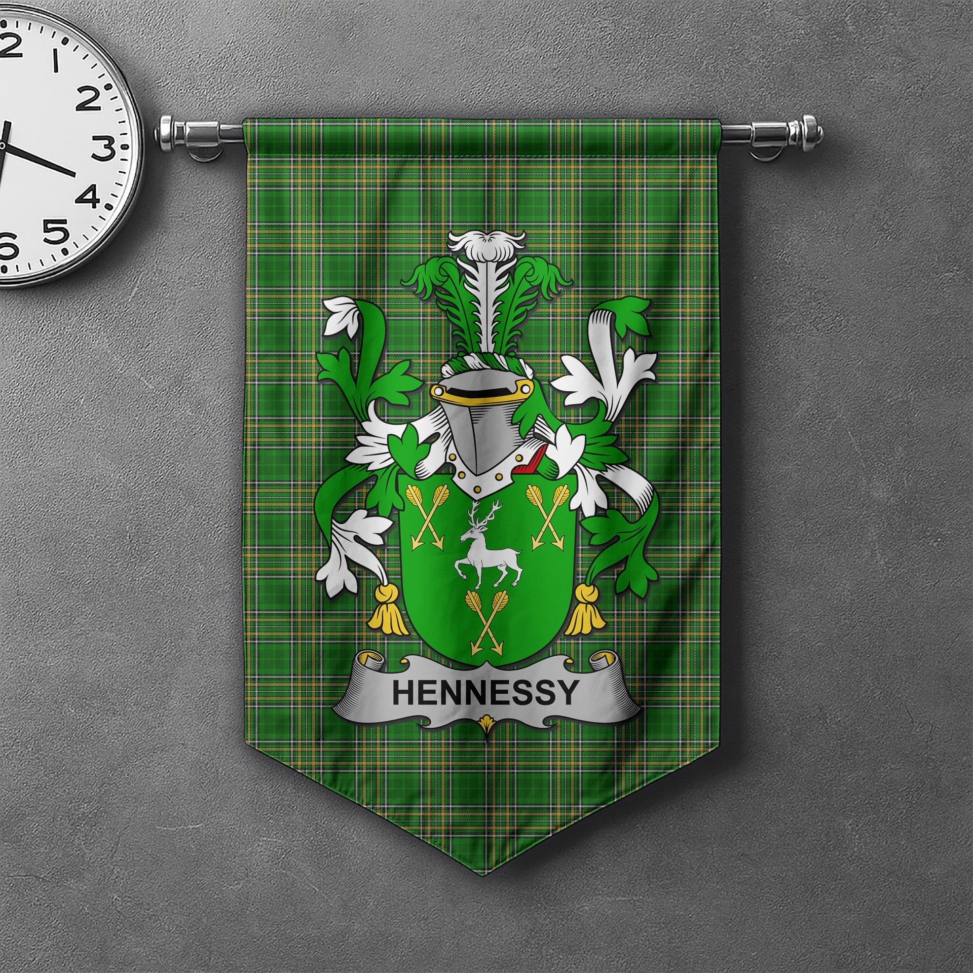 ScotsTee Shop Irish Hennessy or O'Hennessy Clan Coat of Arms Irish Tartan Gonfalon Flag