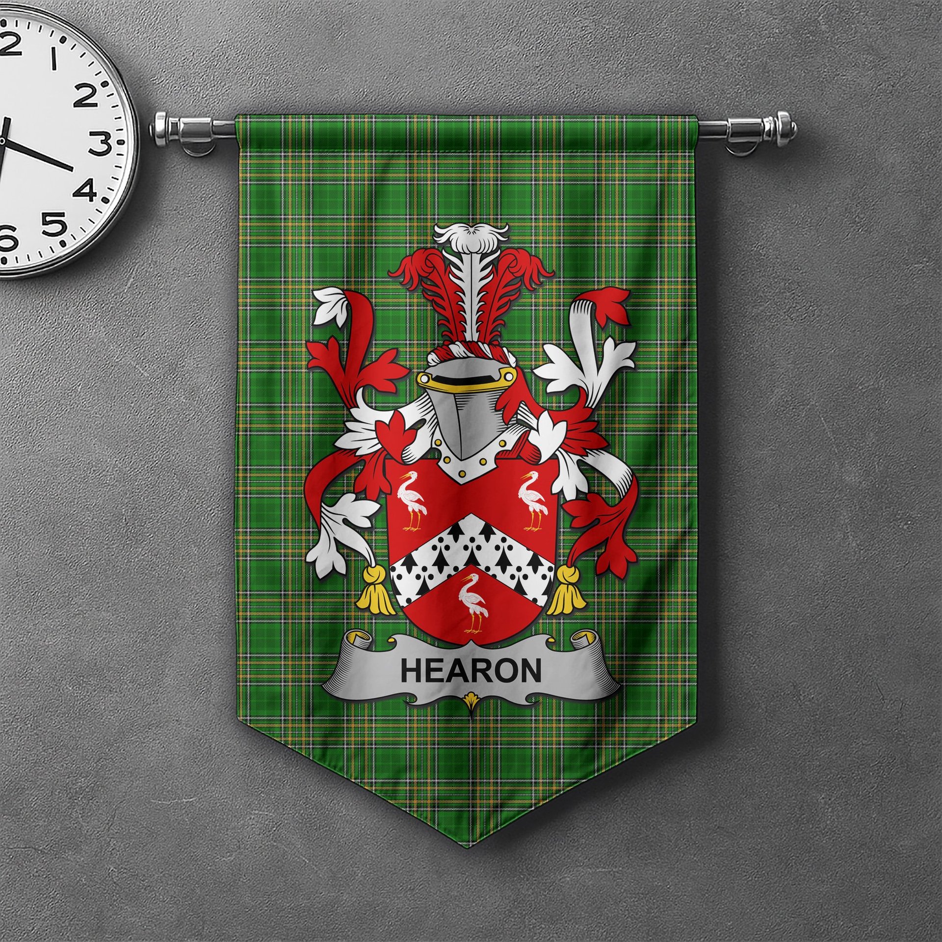 ScotsTee Shop Irish Hearon or Hearn Clan Coat of Arms Irish Tartan Gonfalon Flag