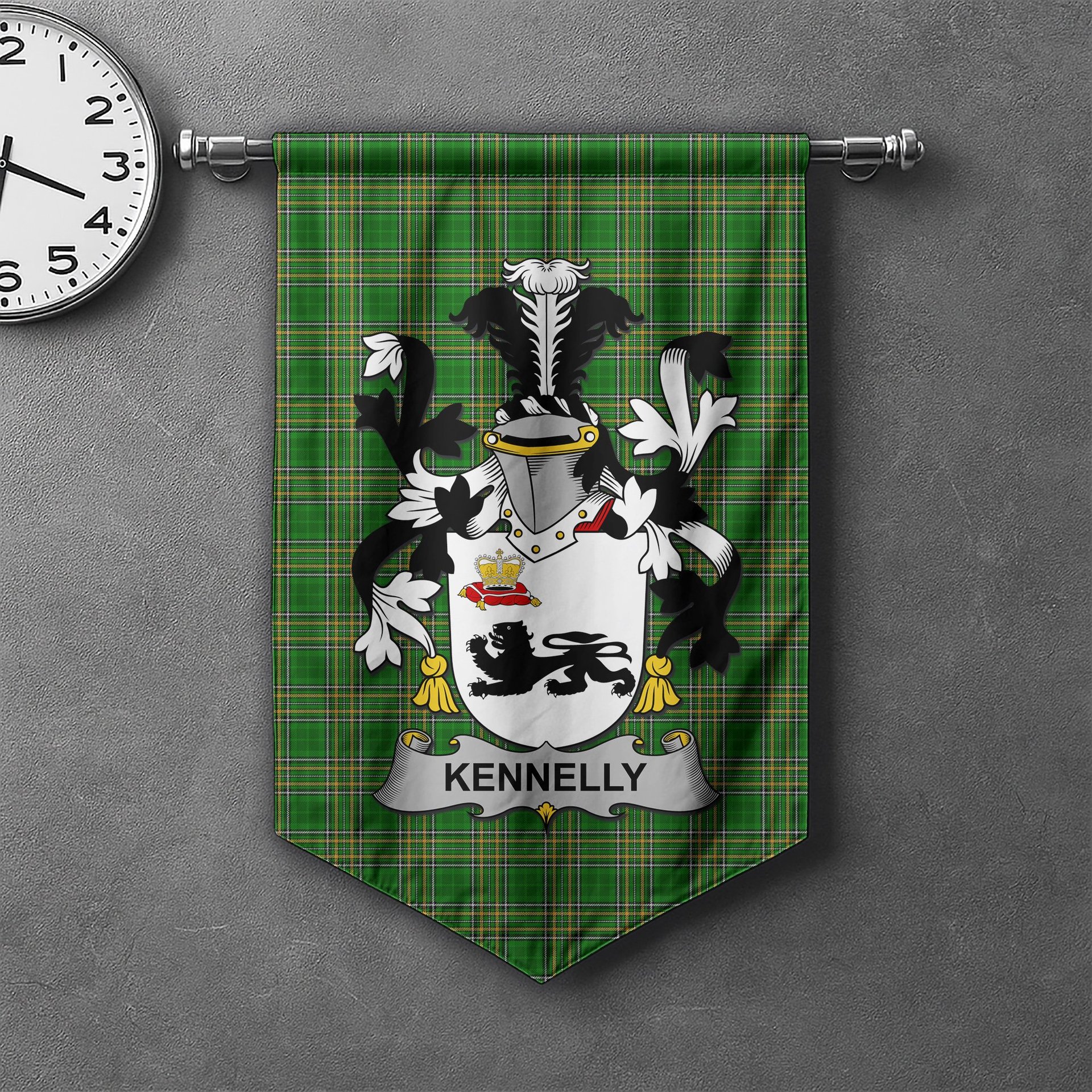 ScotsTee Shop Irish Kennelly or O'Kineally Clan Coat of Arms Irish Tartan Gonfalon Flag