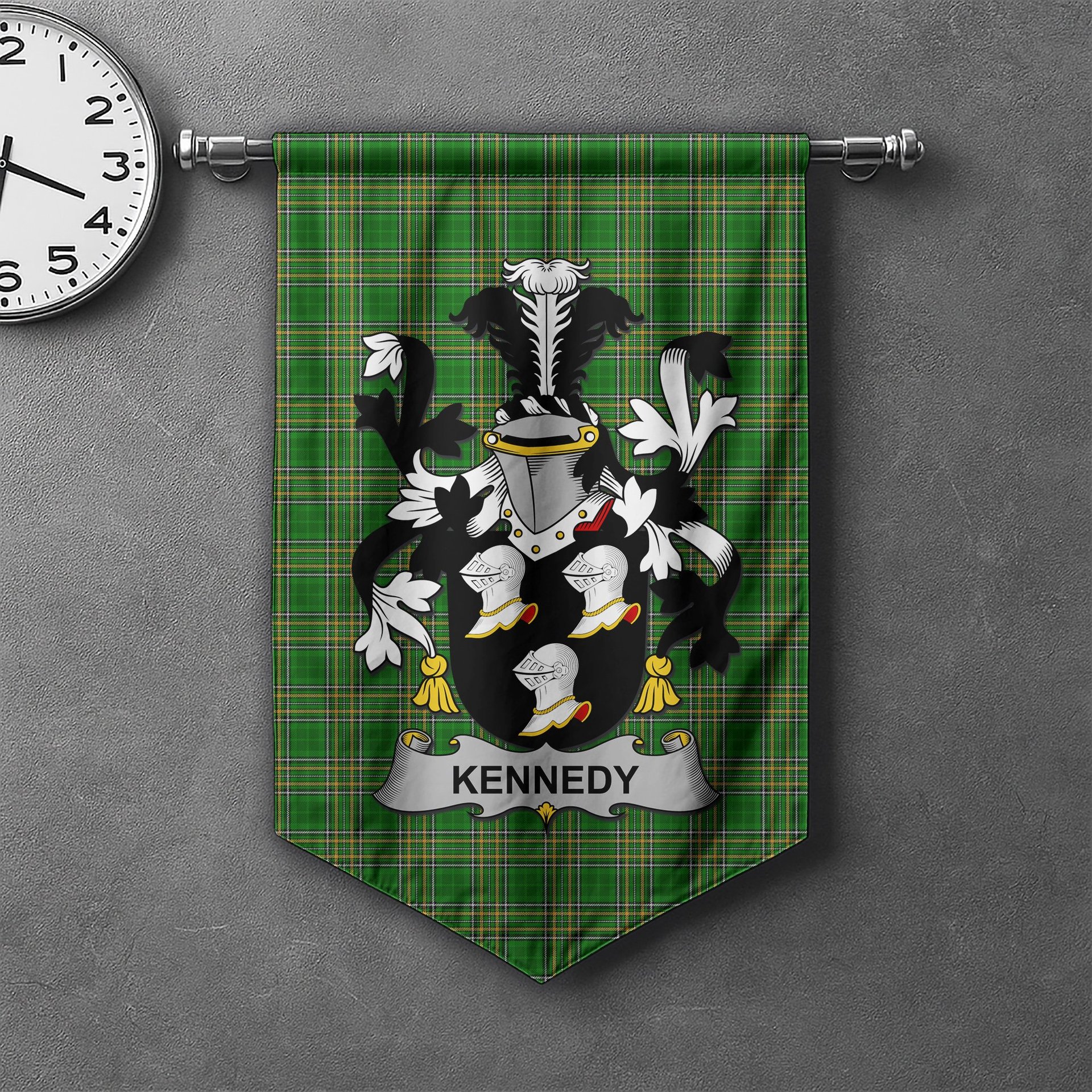 ScotsTee Shop Irish Kennedy or O'Kennedy Clan Coat of Arms Irish Tartan Gonfalon Flag