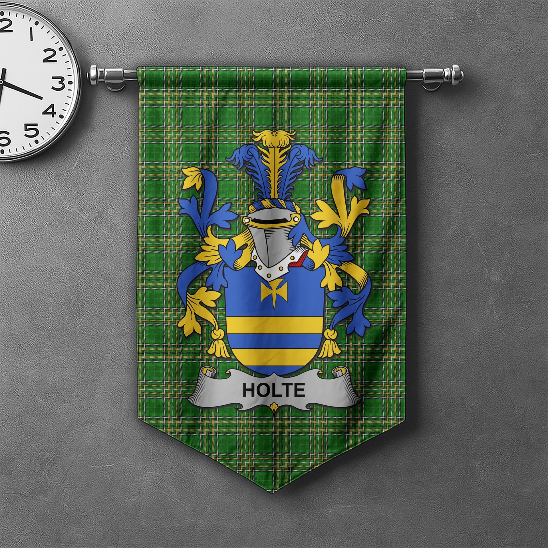 ScotsTee Shop Irish Holte or Holt Clan Coat of Arms Irish Tartan Gonfalon Flag