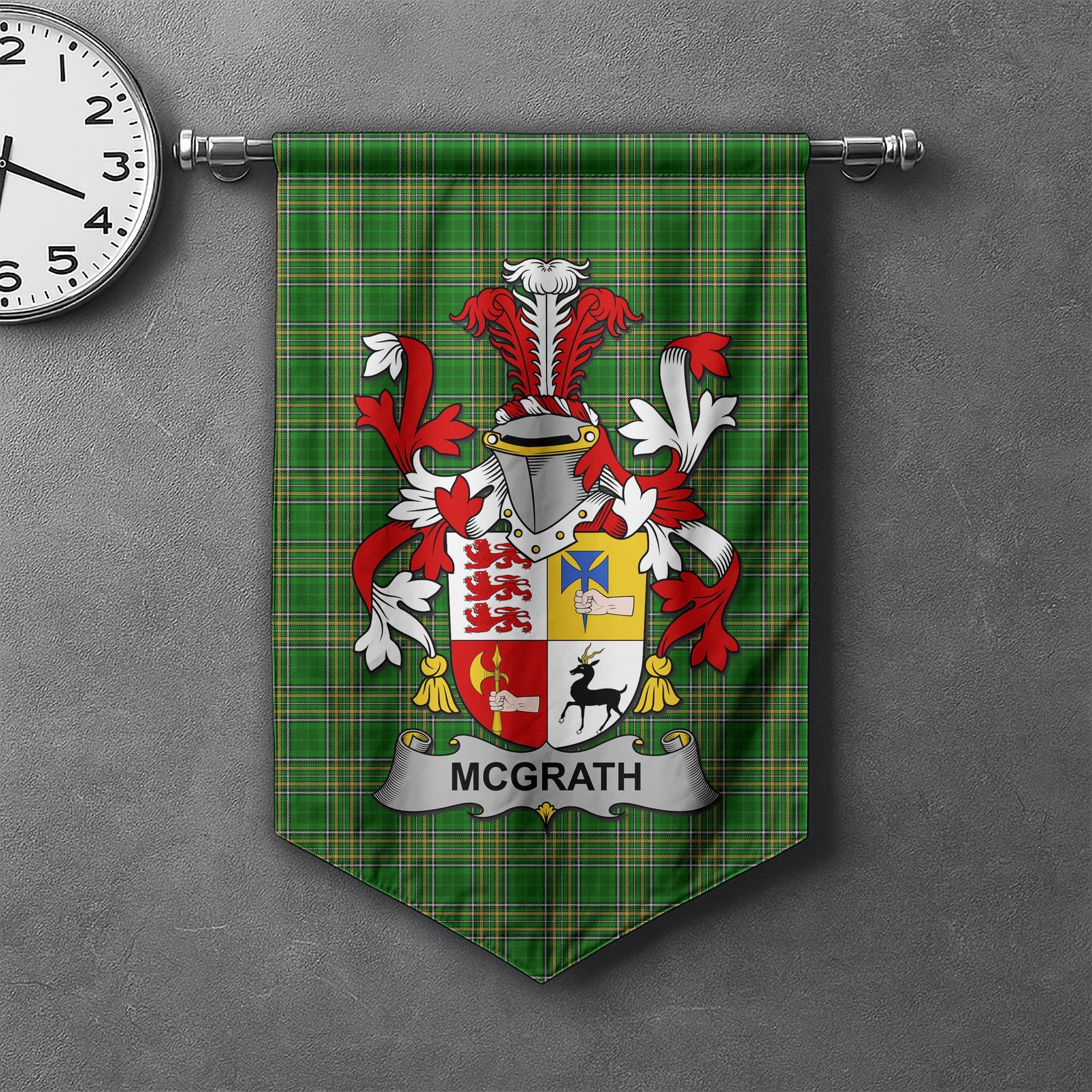 ScotsTee Shop Irish McGrath or McGraw Clan Coat of Arms Irish Tartan Gonfalon Flag